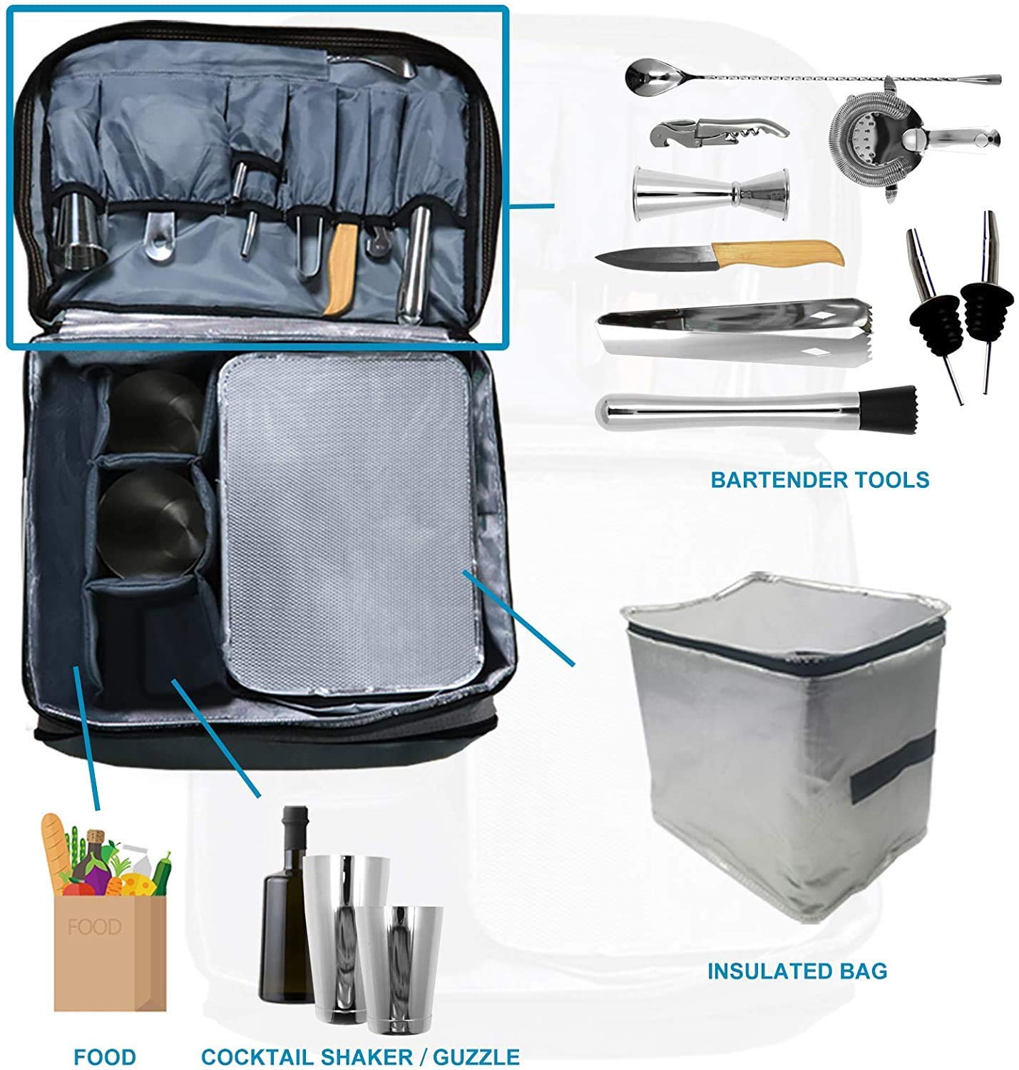 Outdoor Cocktail Travel Set,SKY FISH 13 -Pieces Bartender Kit Including Bar Tools and Insulated Bag for Travel, Camping and Picnic