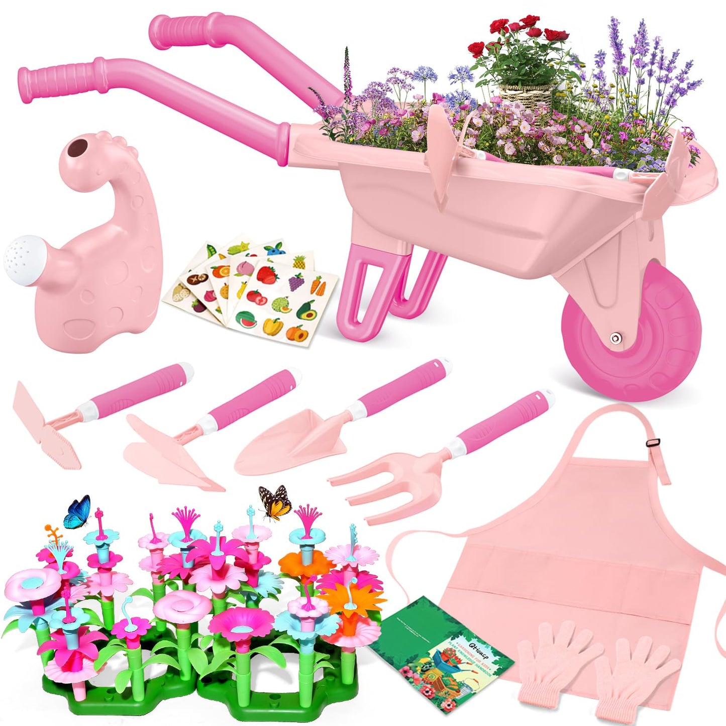 Qtioucp 16Pcs Kids Gardening Tools Outdoor Toys Set Backyard Play with 93 PCS DIY Flower Garden Building Preschool Activities (Pink)