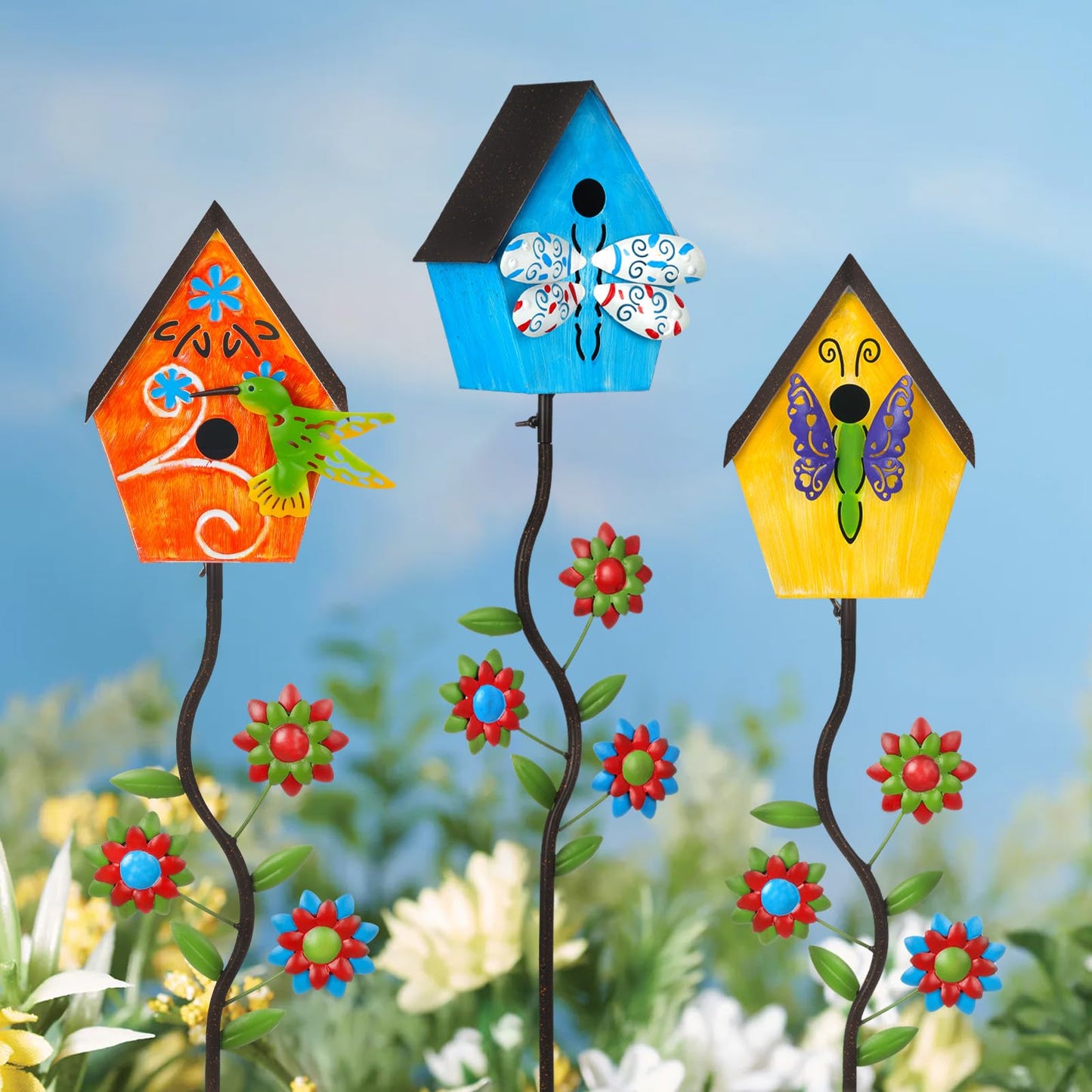 51” Bird Houses Stake for Outside, Metal Wild Bird Feeder Birdhouse Stake Pole with Hummingbird Design Outdoor Decorations for Patio, Backyard, Garden
