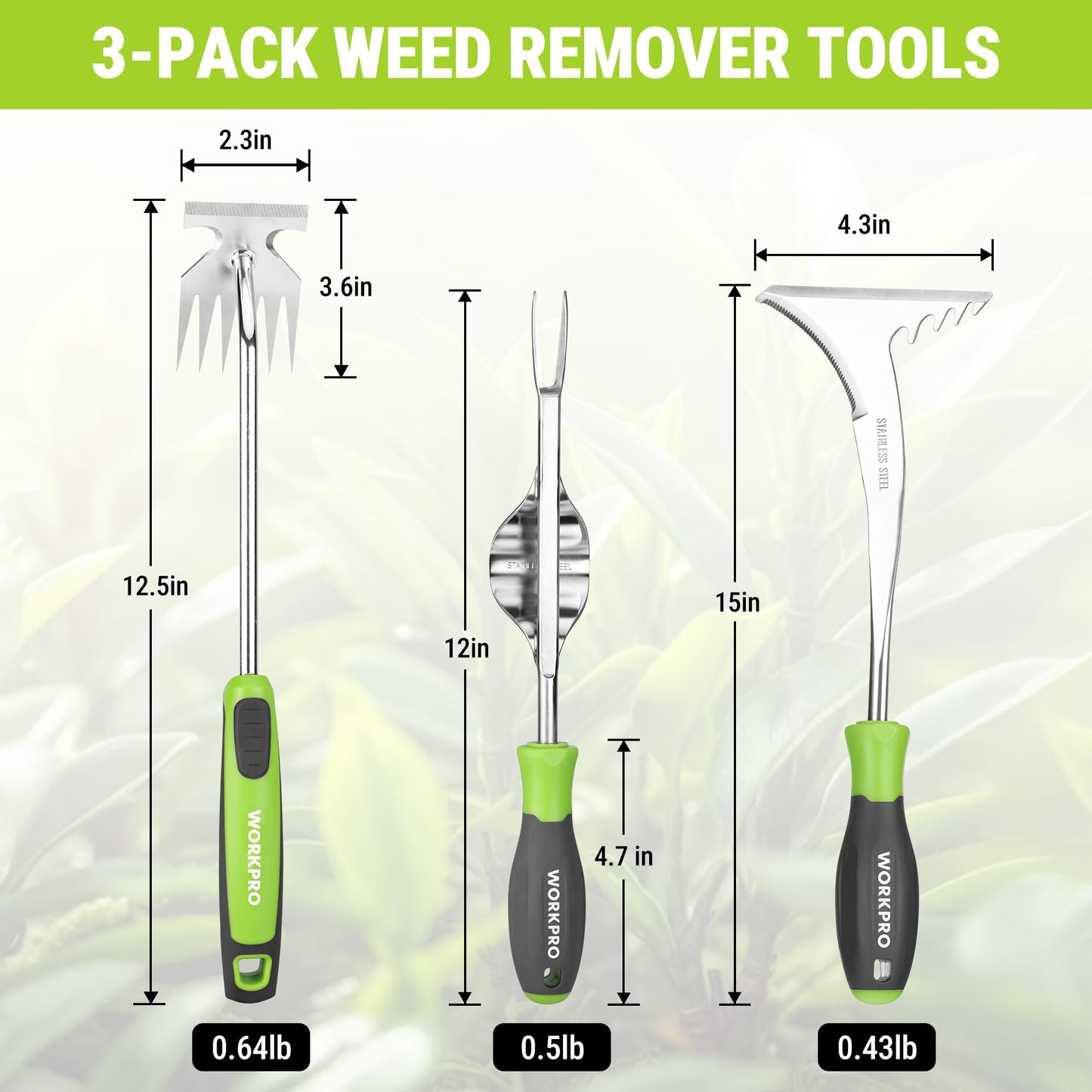 WORKPRO 3-Piece Weed Puller Tool Set – 15" 6-Tine Weed Remover, 12" Hand Weeder, 12.5" Crack Weeder, Stainless Steel with Ergonomic Handle for Lawn, Garden, Yard