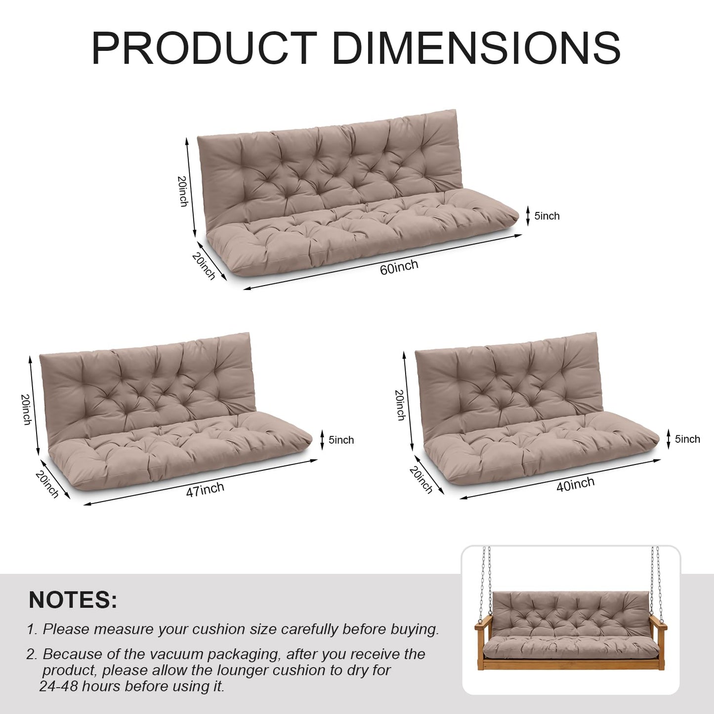 LCYY.TG Porch Swing Cushions, Outdoor Swing Replacement Cushions 3 Seater with Backrest, Waterproof Bench Cushion with Ties,for Patio,Porch, Garden,Backyard