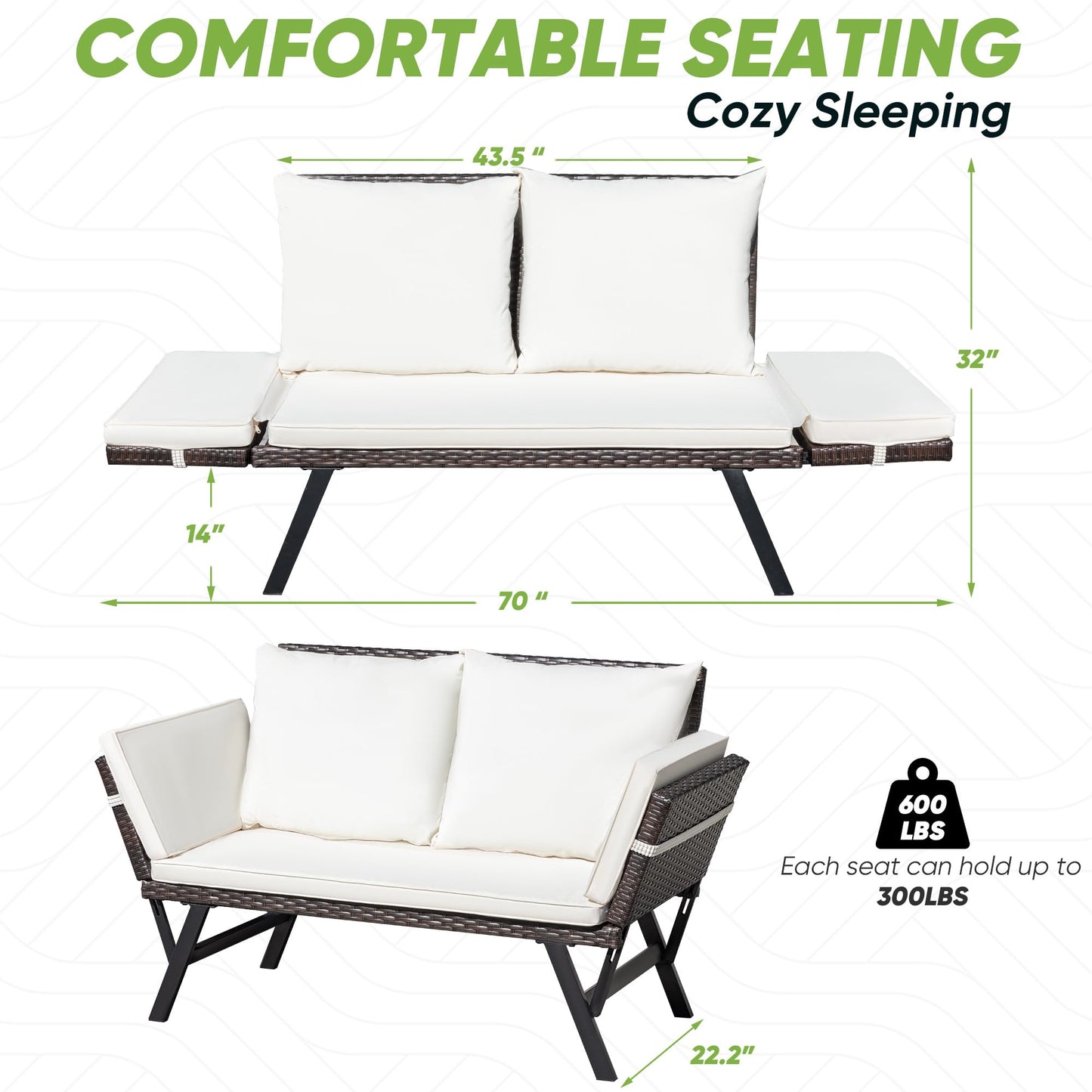 Greesum Outdoor Sofa, Woven Rattan Patio Furniture, Convertible Daybed or Double Chair with Adjustable Armrests, Cushions and Pillows for Yard, Porch, Pool, Brown Lounger & Beige Pillowcase