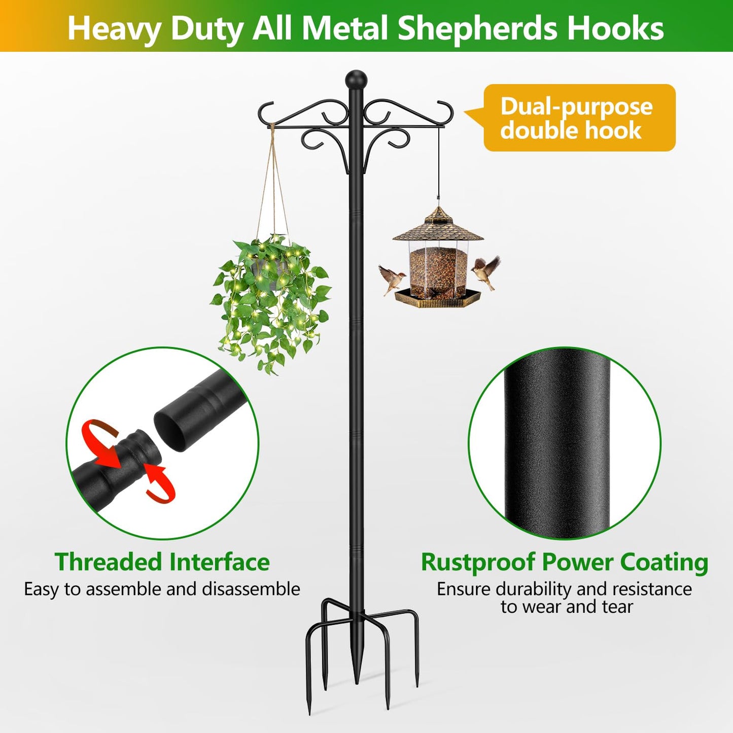 PIYILO Shepherds Hooks for Outdoor, 2 Pack 76.8 in Heavy Duty Bird Feeder Pole, Thickened Double Shepherd Hook Stand for Hanging Plants, Lanterns, Solar Lights, Wind Chime, Hummingbird Feeder, Garden