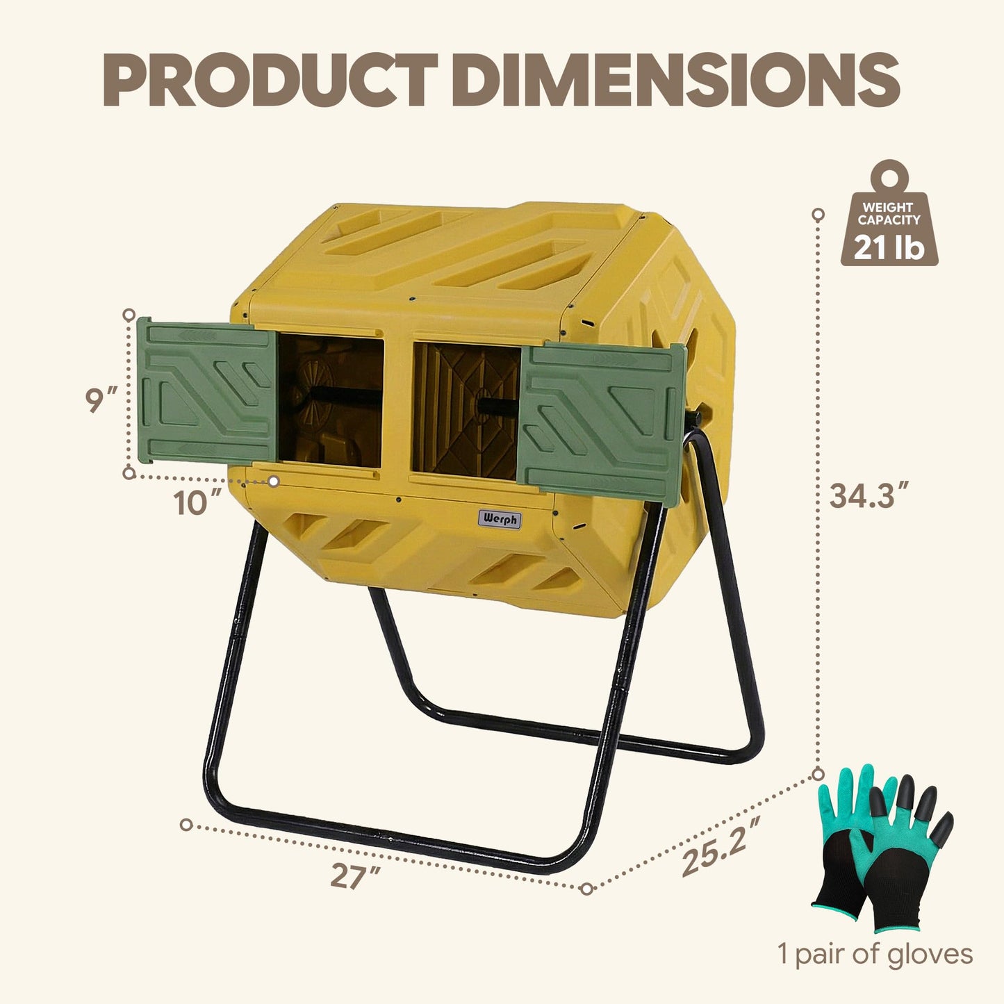 Werph Updated 43 Gallon Dual-Chamber Compost Bin, Fast Assembly Outdoor Compost Tumbler, Rotating Batch Composter Bin with Gloves for Garden, Kitchen, and Yard