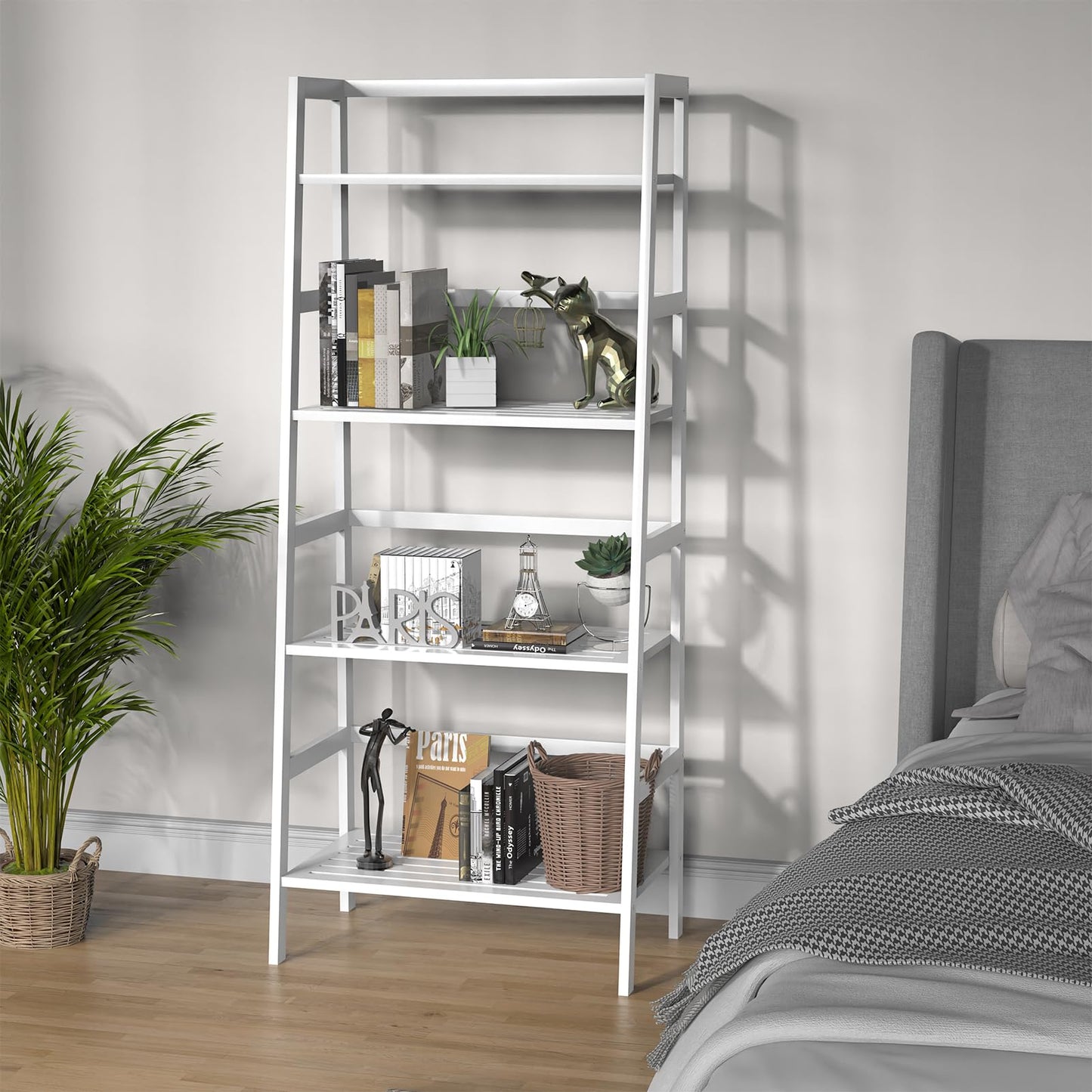 Thalomely Bamboo White Bookshelf, 4-Tier Ladder Shelf Freestanding Space Saver Open Bookcase Book Shelf, Bamboo Storage Shelving Unit Flower Plant Stand for Living Room, Bathroom, Home Office