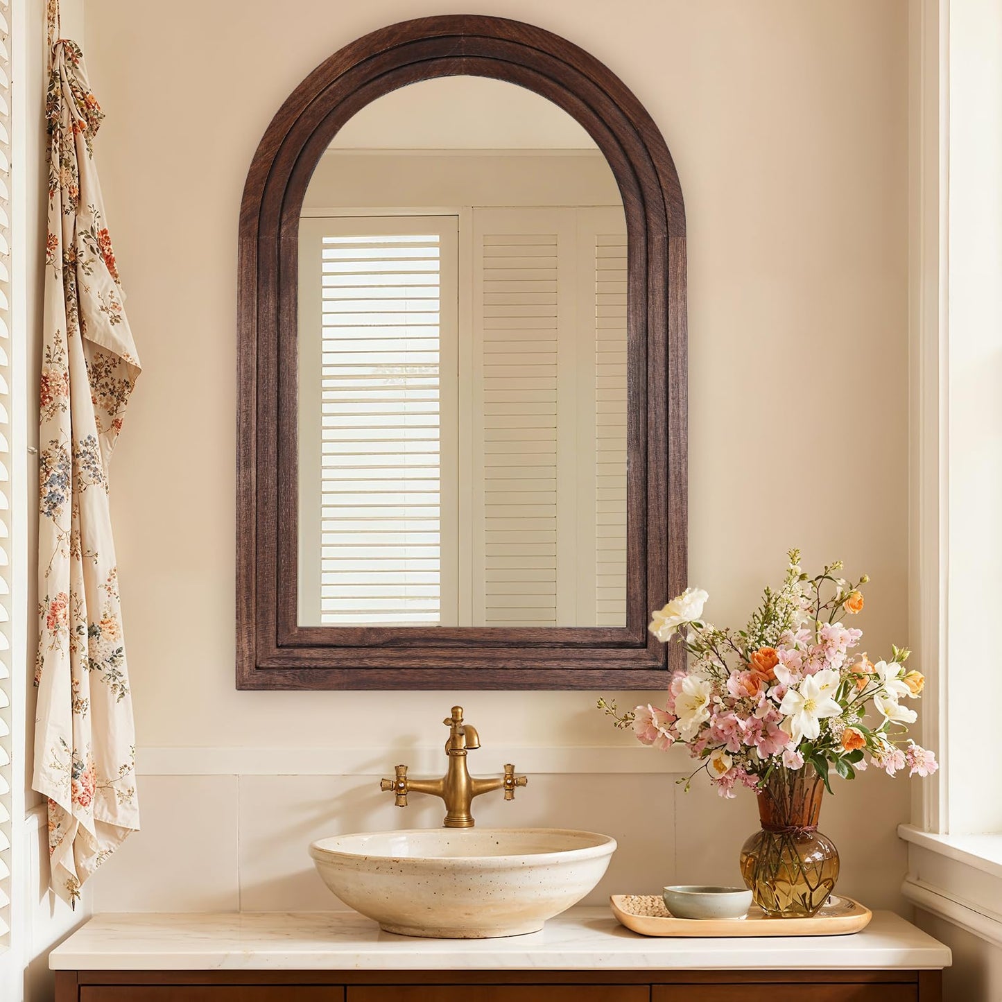 LXWZHK 36"x24" Arched Wooden Frame Wall Mirror, Rustic Vanity Wall Mirror for Bathroom, Bedroom, Brown