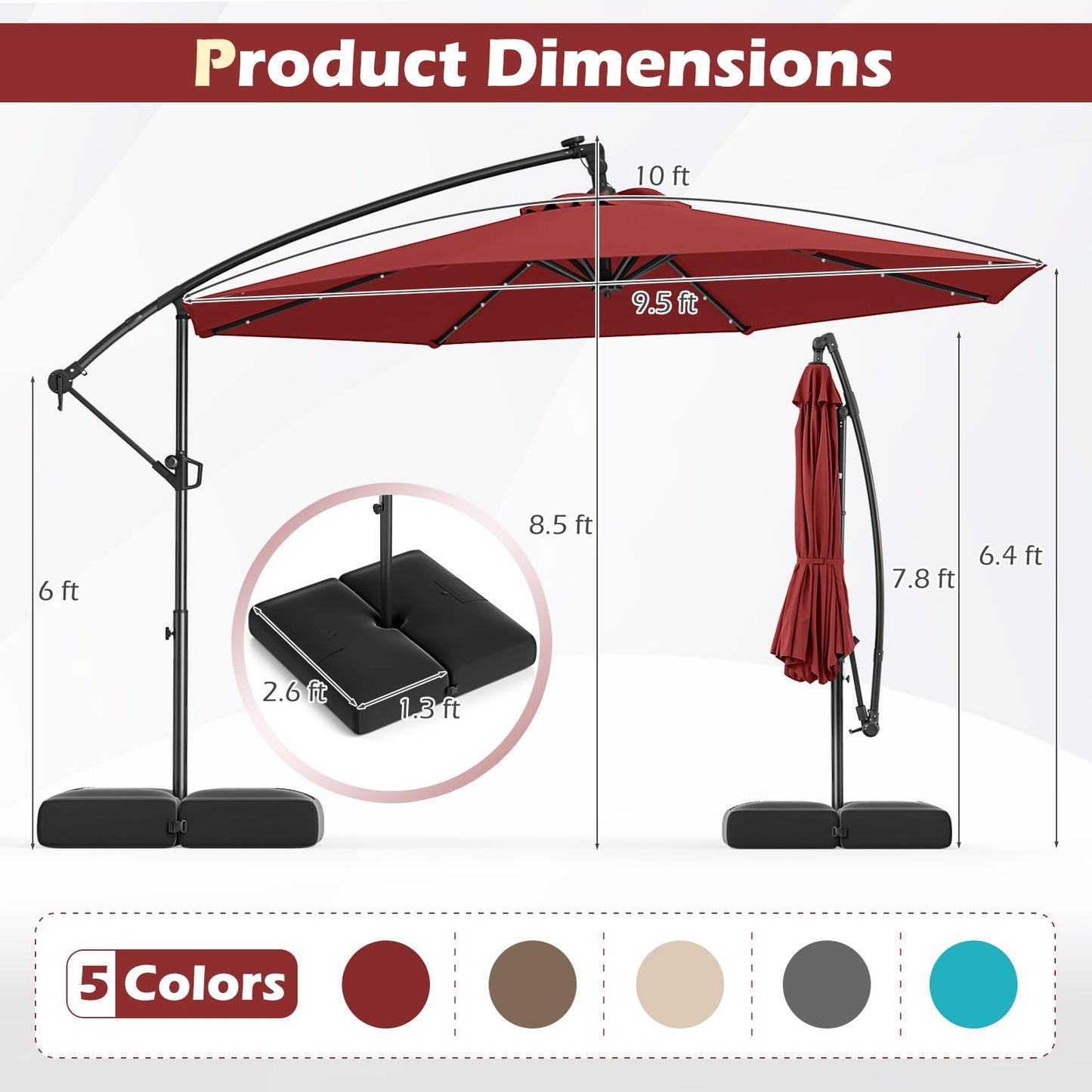 Tangkula 10ft Solar Patio Umbrella with Base Included, Offset Cantilever Outdoor Umbrella with 32 LED Lights, Infinite Tilt, 360 Degree Rotation, Crank Handle for Pool Deck Garden Backyard (Wine)