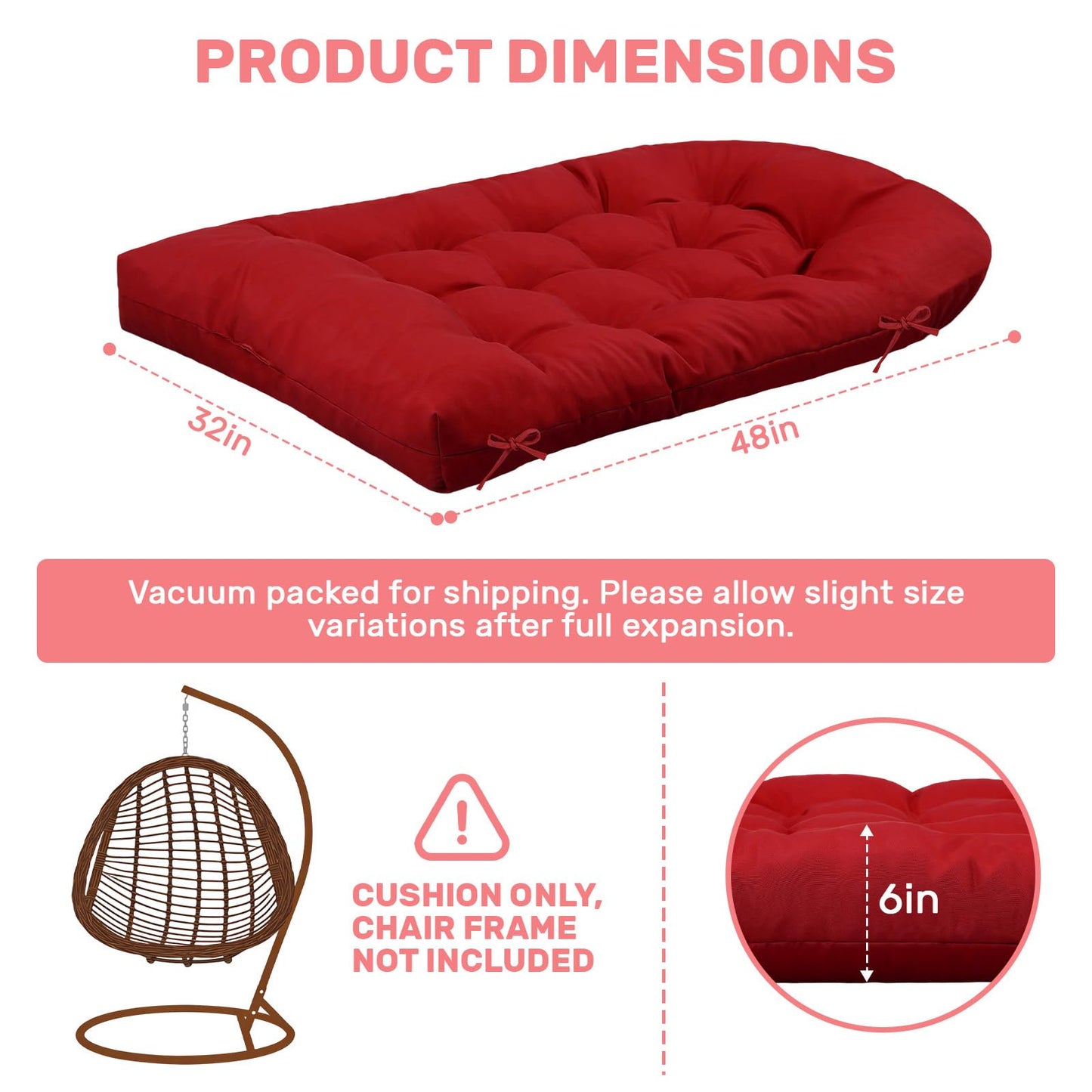 idee-home Egg Chair Cushion Replacement, Hanging Chair Cushion Outdoor with Waterproof Cover, Wicker Hammock Swing Cushioned for Patio, Red（Without Chair）