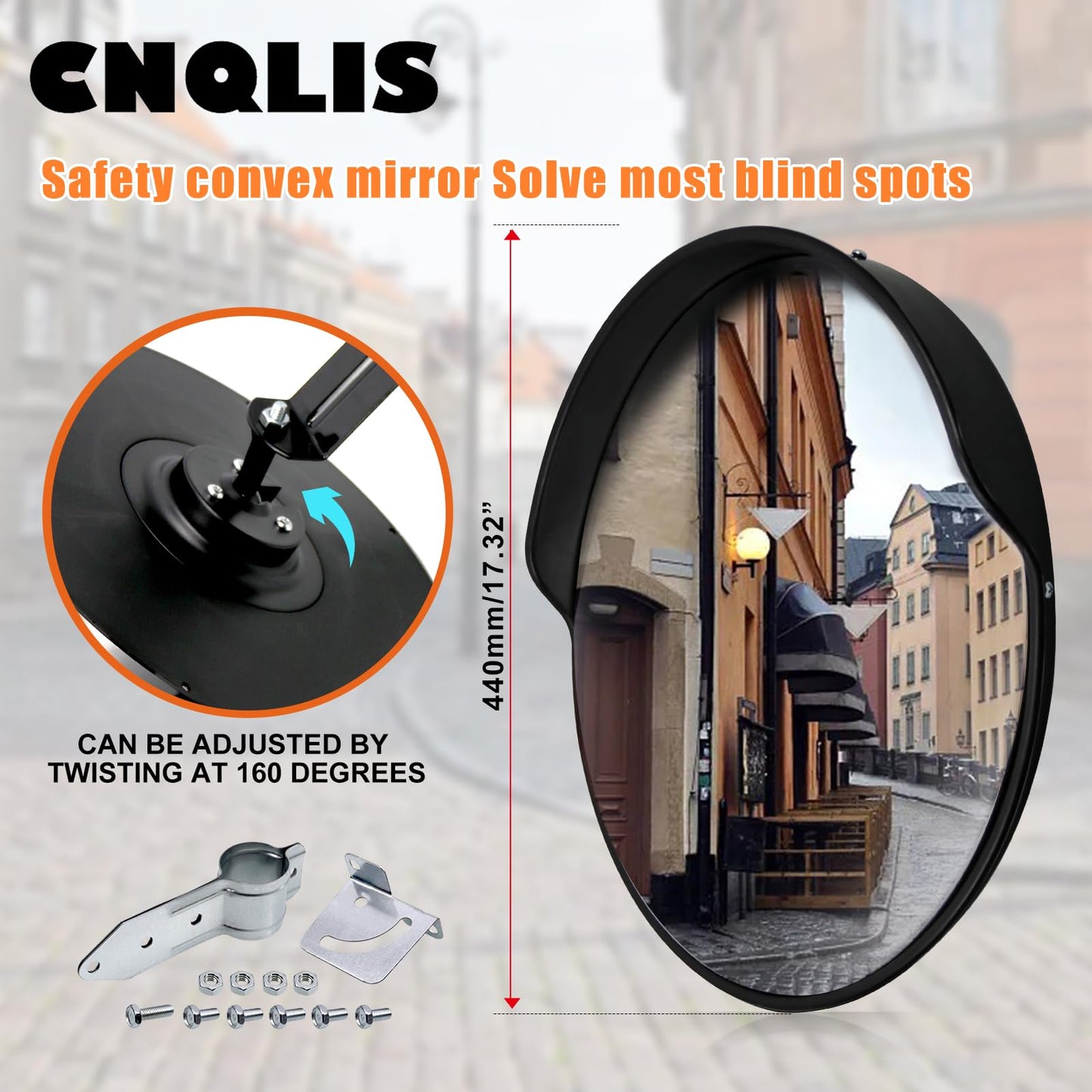 CNQLIS 18 Inch Convex Mirror Outdoor with Adjustable Wall Fixing Bracket,Blindspot Traffic Mirror for Driveway Garage Park Outdoor Wide Angle View Curved Security Blind Spot