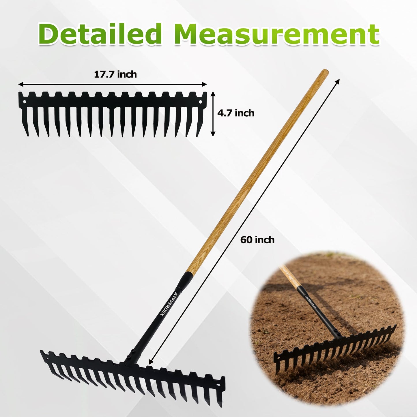 ATFVERDEX Garden Rake,60" Wooden Handle with 17-Tine Metal Bow Rake,Rock Rake Heavy Duty for Loosening Soil,Leveling Gravel,Clearing Fallen Leaves,Removing Sod and Landscaping