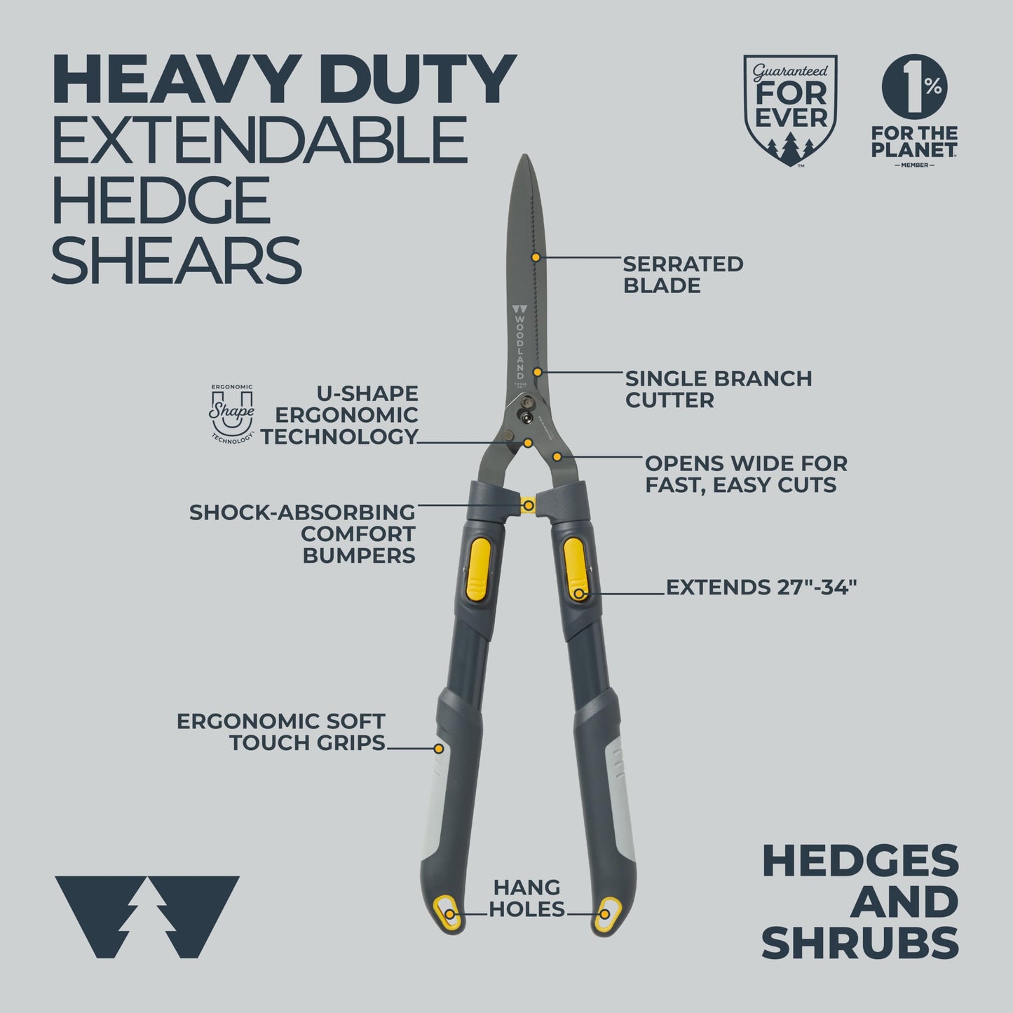 Woodland Tools Heavy Duty Extendable Hedge Shears, 25 to 32 Inch Telescoping Hedge Clippers with 10 Inch Lever-Assist Blades and Non Stick Coating, Manual Trimmer for Bushes and Shrubs