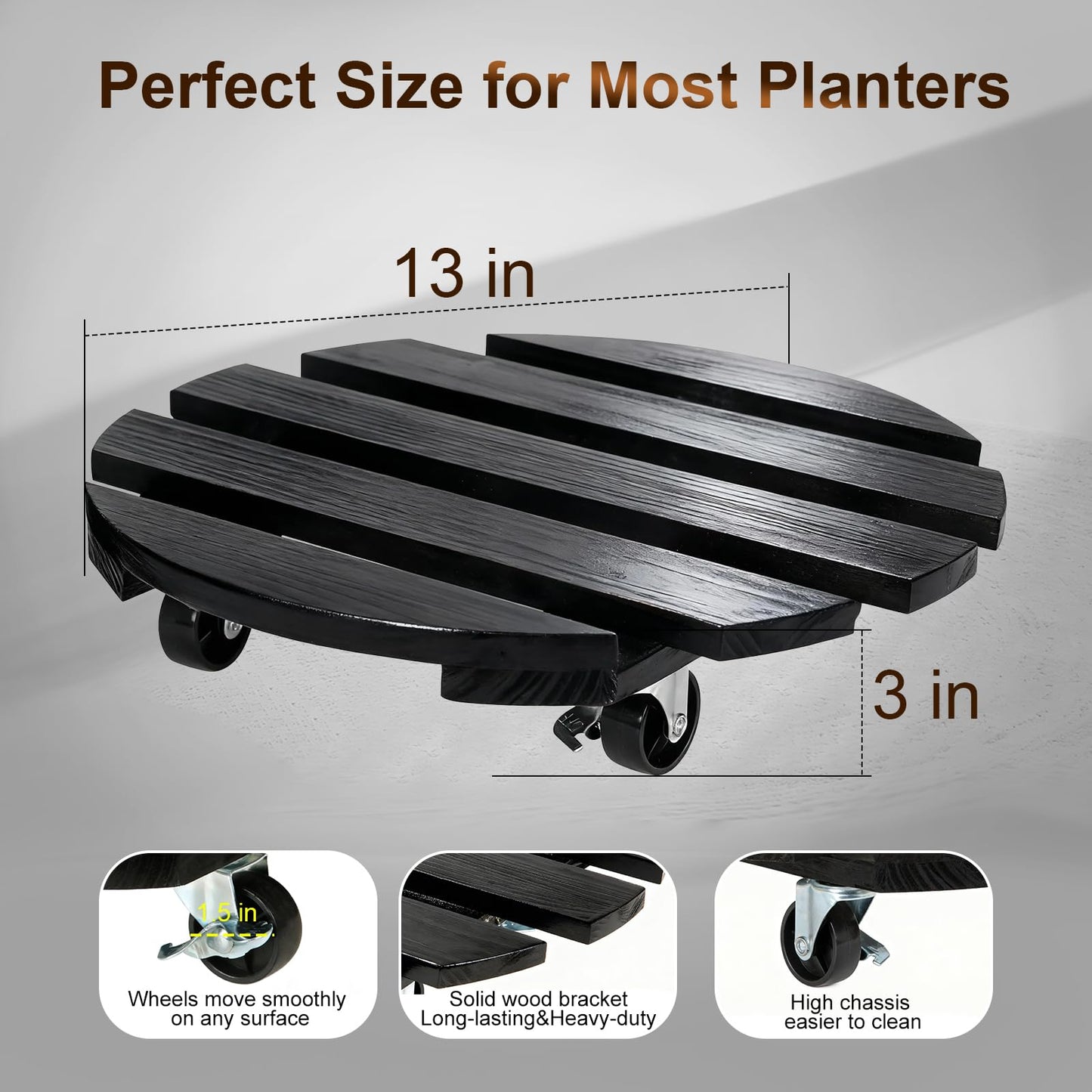IBGUC 2 Pack Plant Caddy with Wheels 13'' Rolling Plant Stand Indoor Outdoor, Heavy Duty Wooden Plant Stand with Wheels 300Lbs Capacity with 360°Lockable Rolling Base for Pot, Planter, Tray, Patio