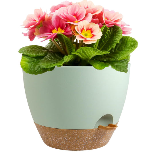 Meowell 12 inch Large Self Watering Pots, Plant Pots with Mesh Drainage Holes for Indoor Outdoor Plants, Plastic Planters with Deep Reservoir for Garden House Flower Plants, Green with Brown