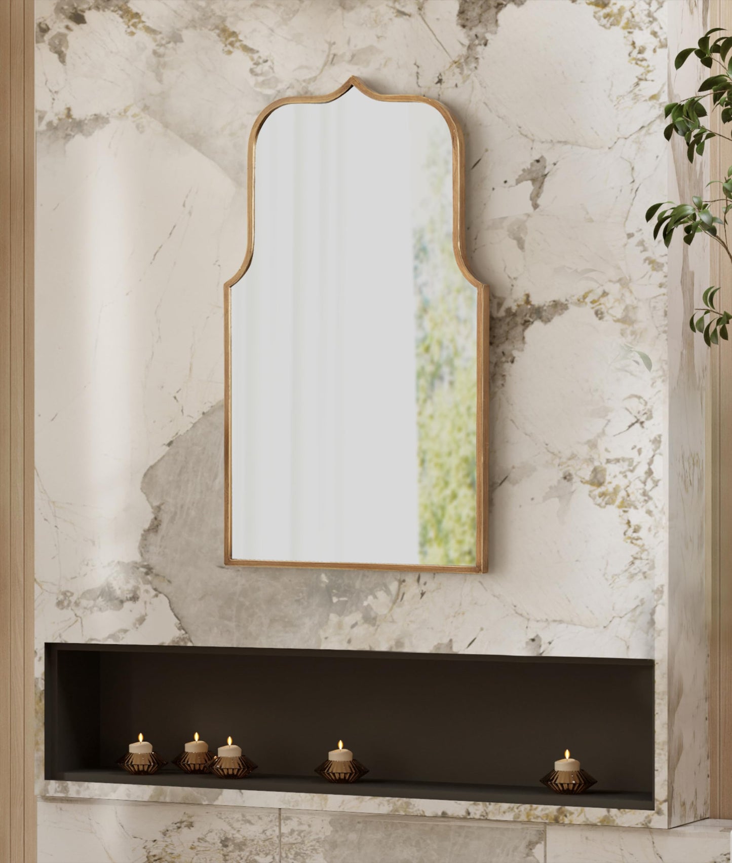 Kate and Laurel Gezella Glam Scalloped Arched Wall Mirror; 22 x 36; Antique Gold; Stunning Glamorous Decorative Tall Arch Mirror with Soft Scallops and Slim Moroccan Frame