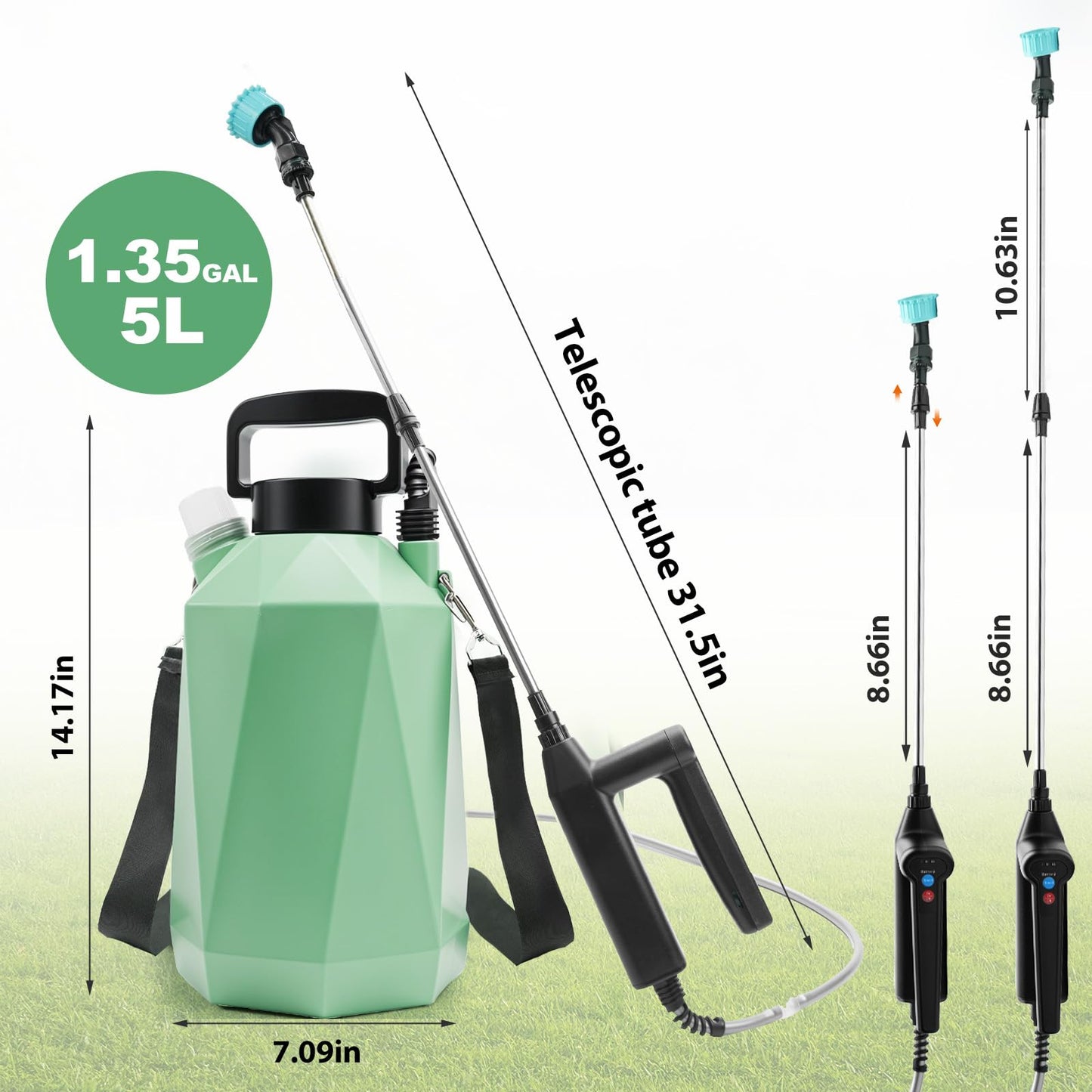 1.35 Gallon Battery Powered Sprayer, Electric Garden Sprayer with 3 Adjustable Pressures, Battery Indicator, Telescopic Wand, 4 Nozzles, Rechargeable Automatic Pump Sprayer for Lawn, Weed, Yard Care
