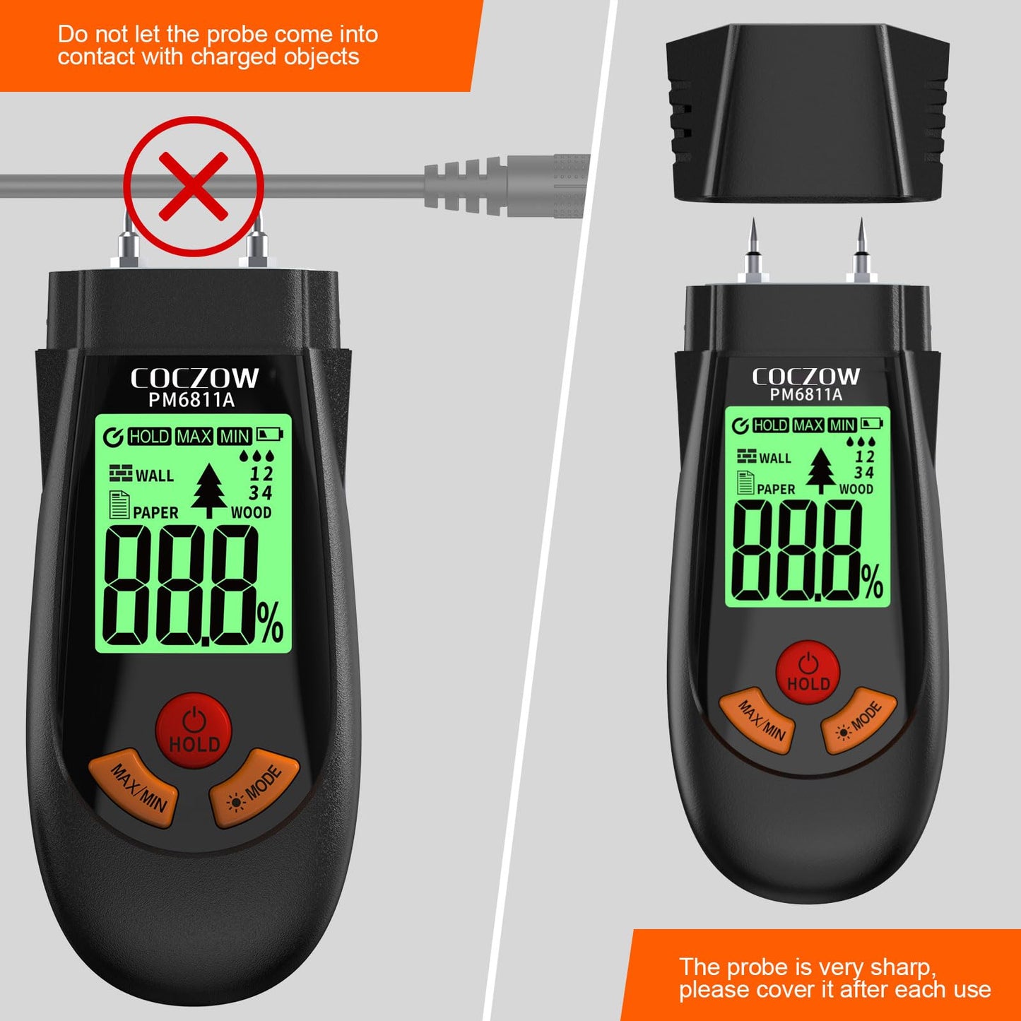 Wood Moisture Meter, with battery and LCD display, suitable for quick determination of moisture content of many types of logs, paper, plywood, plaster walls, floor coverings, etc.