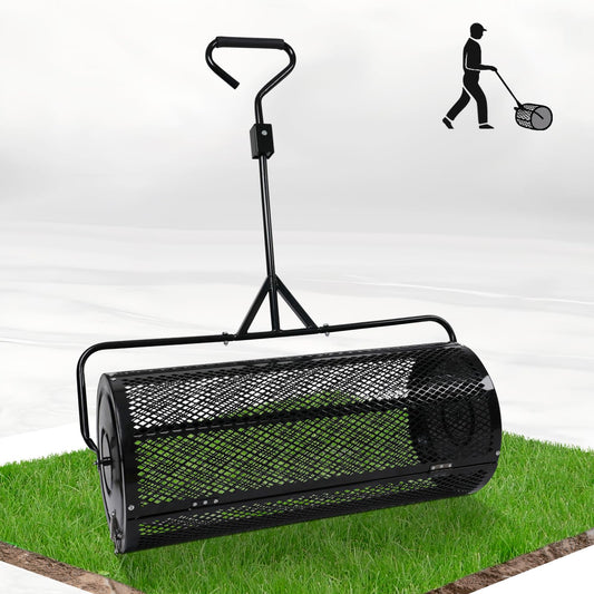 Compost Spreader 44 Inch Push/Tow Peat Moss Spreader with Installation Support, Powder-Coated Metal Mesh Roller Spreader for Manure , Lawn Care, Garden Spreading, Top Dressing & Mulch - Soil Spreader