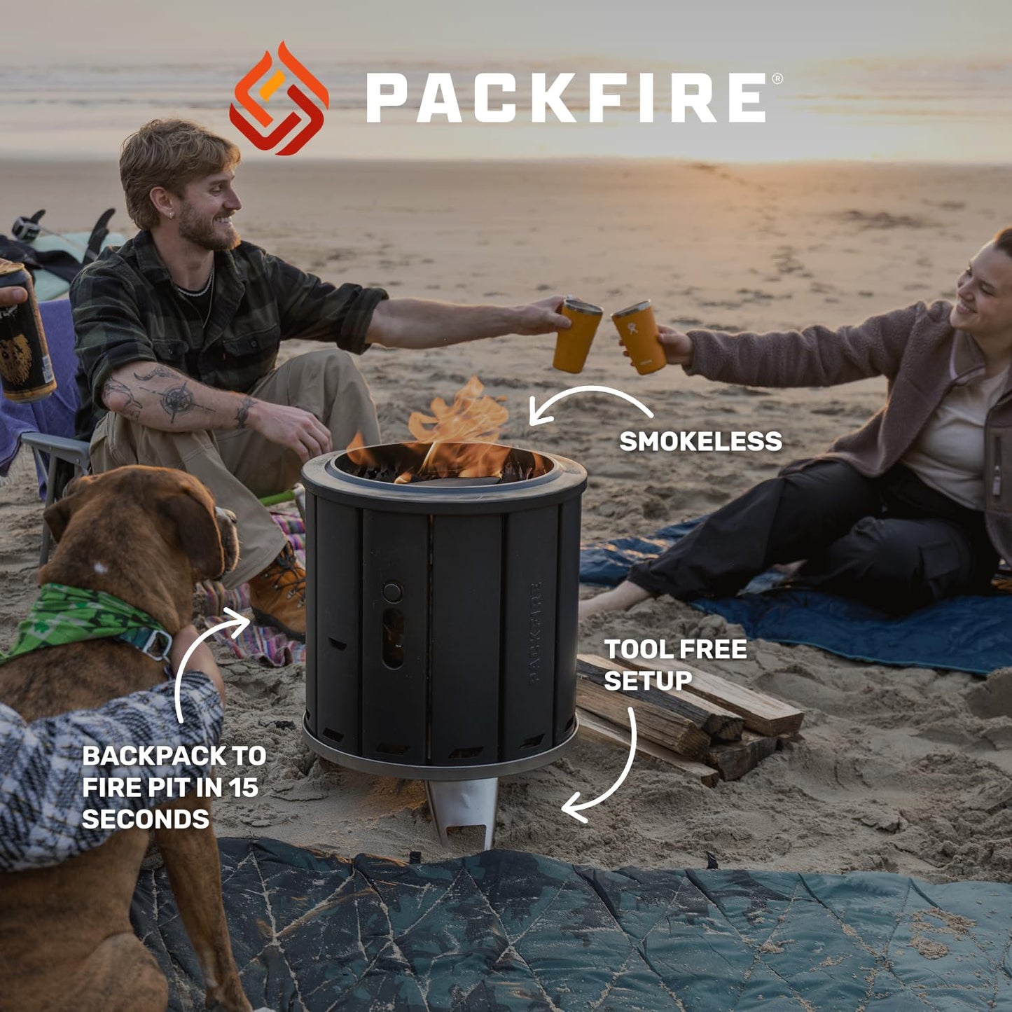 PACKFIRE Portable Fire Pit for Camping - Folds Flat into Packable Carrying Case - Smokeless, Stainless Steel & Aluminum - Perfect for Car, Truck or RV