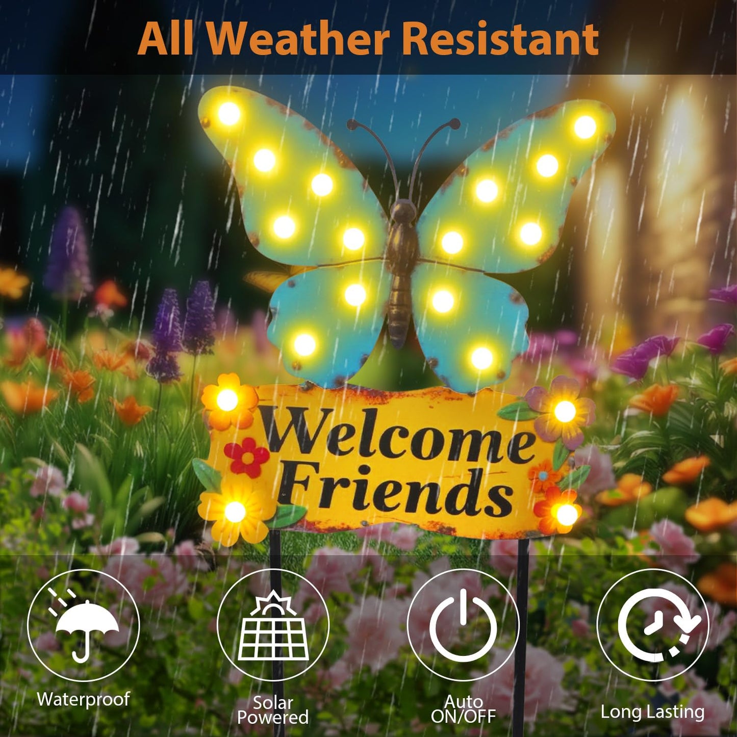 YHSOLAR Decorative Garden Stakes Large 45" with 18 Bulbs Solar String Lights Outdoor Waterproof, Butterfly Solar Lights for Outside with Welcome Friends Garden Sign for Yard, Patio, Pathway