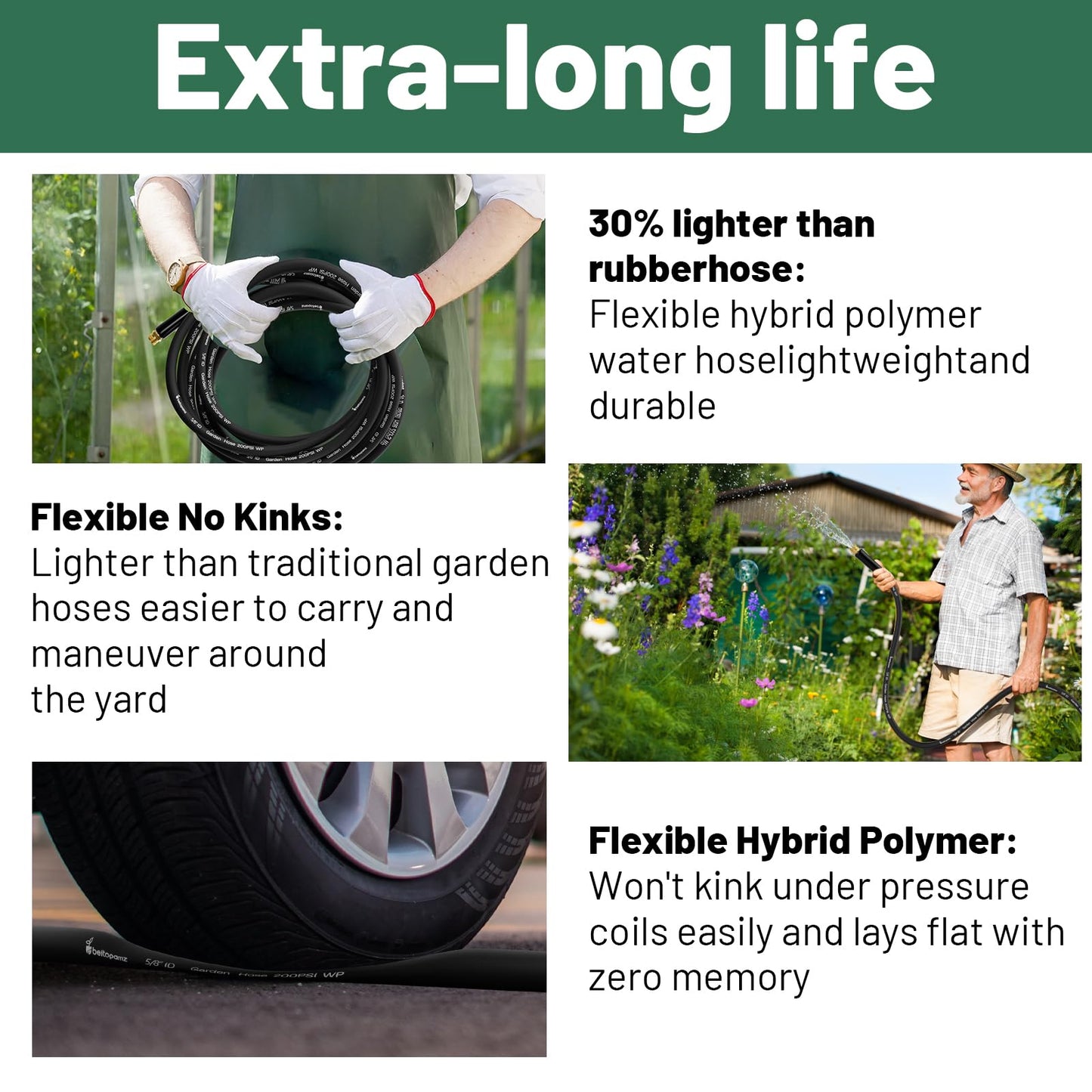 Beitopamz 100 ft Garden Hose, 5/8 in Heavy Duty Water Hose, Flexible and Durable, Lightweight Rubber Hybrid Hose, Leak-Free Connections, Male to Female 3/4'' Brass Fittings for Patio, Lawn, Black