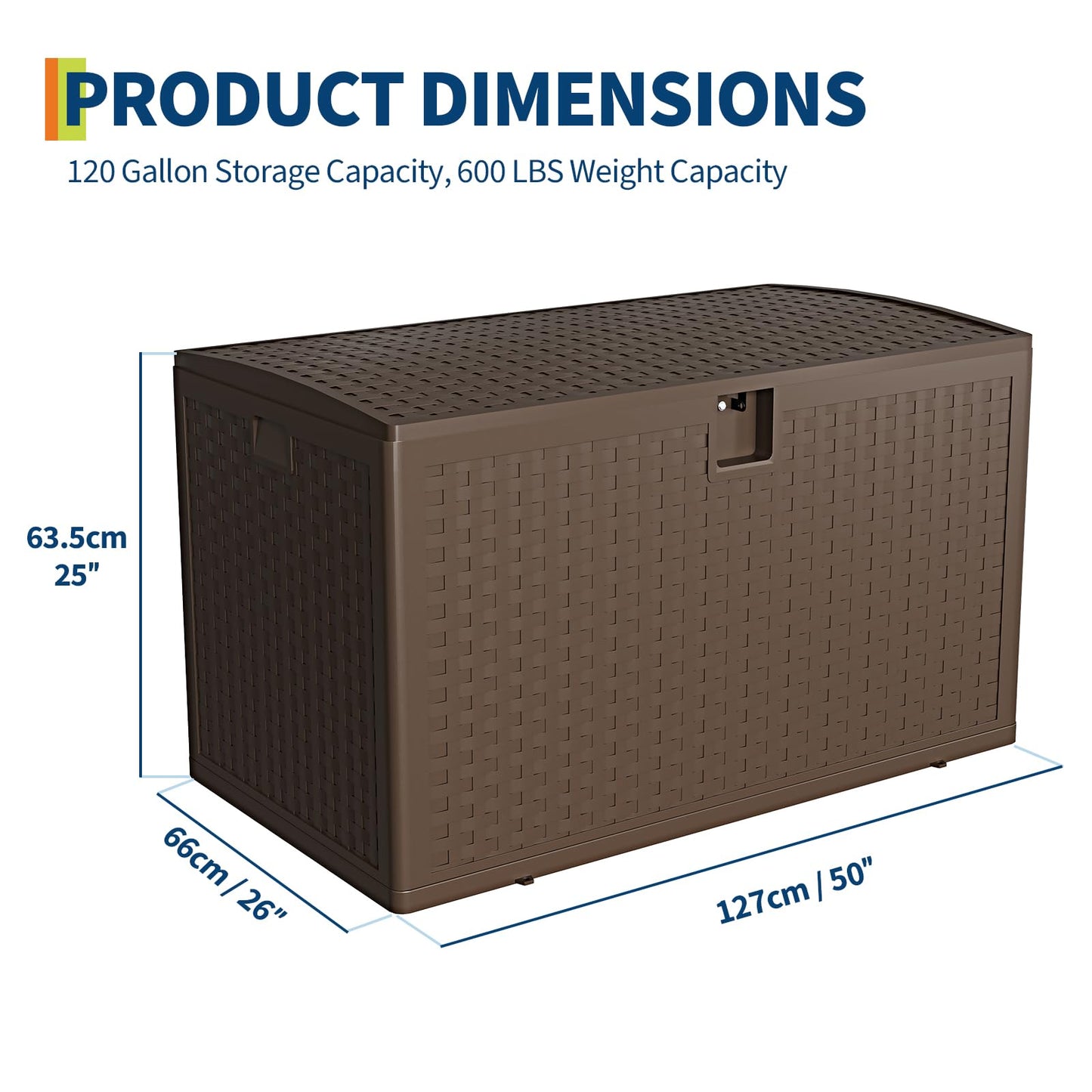 SierraSquad 120 Gallon Large Deck Storage Box - Lockable Waterproof Resin Outdoor Chest - Weatherproof Rattan Style, Side Handles, Ideal for Patio Furniture, Garden Tools, Pool Accessories - Brown
