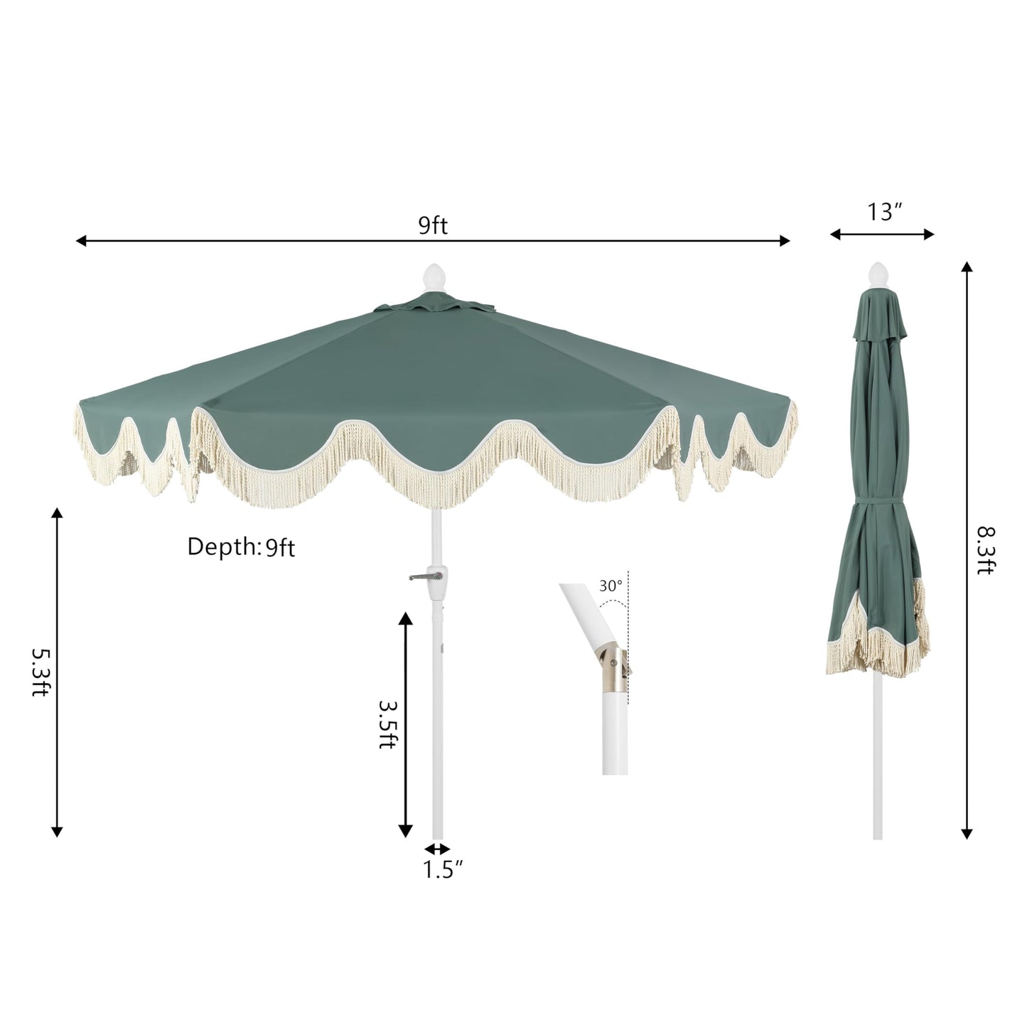 JONATHAN Y UMB1001K Collins 9 ft. Classic Cottage Fringe Tassel Market Patio Umbrella with Auto-Tilt Crank, Wind Vent and UV Protection in Green/Cream, White Pole