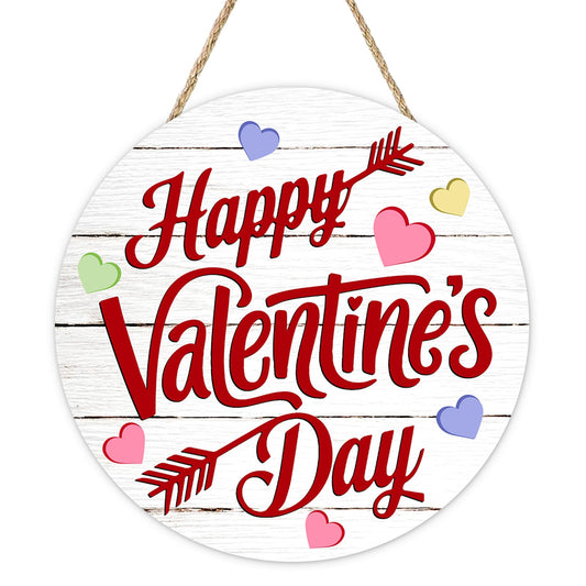 Bolisom Happy Valentines Day Front Door Sign, Colorful Love Heart Arrow Farmhouse Wood Hanger Outdoor Outside Porch Home Decor, Rustic Anniversary Wedding Wooden Wreath Indoor Wall Hanging Decoration