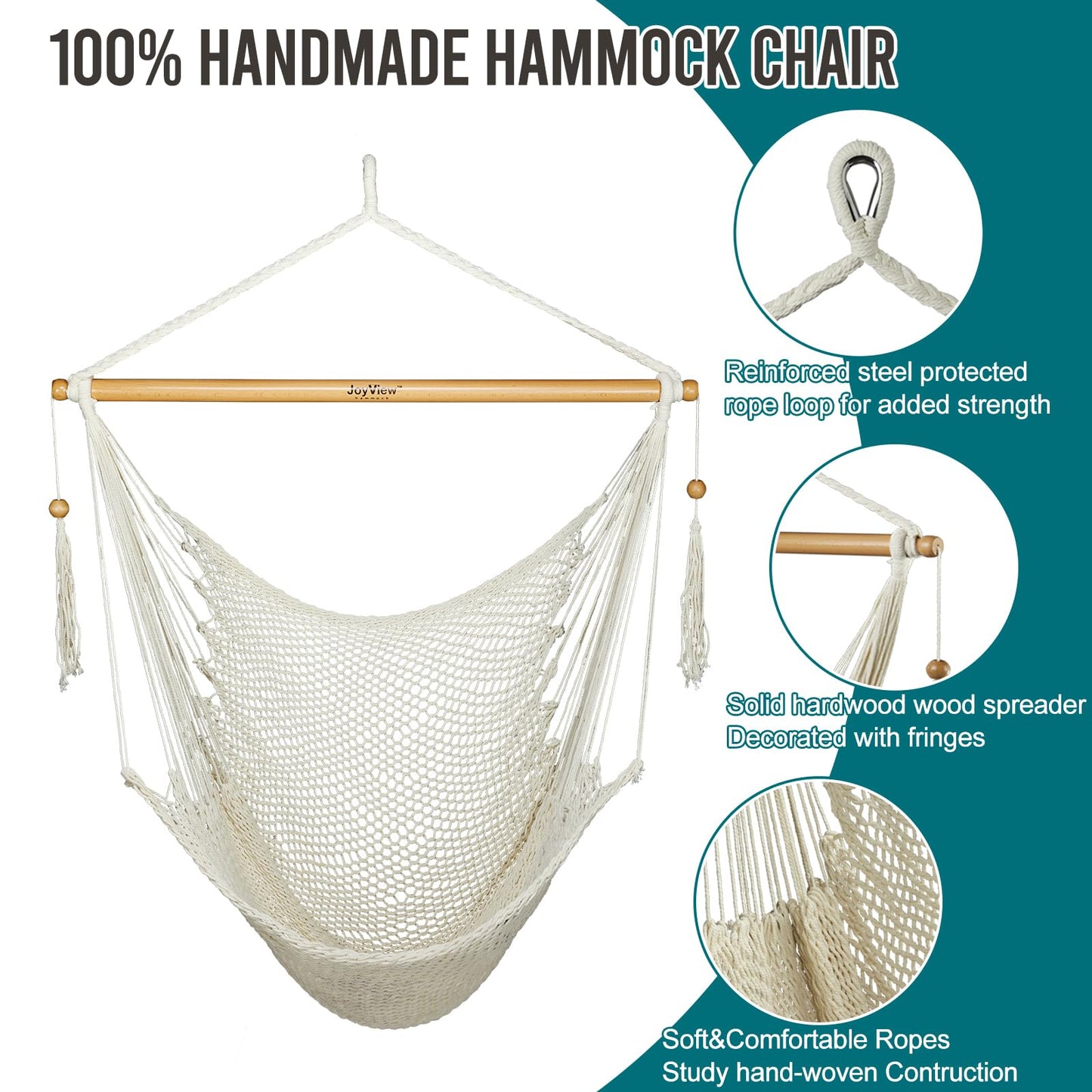 JoyView Hammock Chair with Spreader Bar Caribbean Hammock Swing Chair 300 LBS Weight Capacity XL Rope Hanging Chair for Outdoor Indoor Garden Yard - Natural White