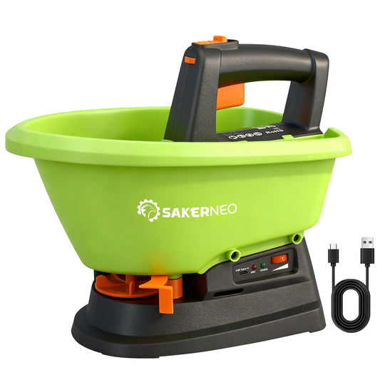 SAKERNEO Handheld Lawn Spreader - 7.2V Battery Powered Seed & 135° Fertilizer Spreader, 3L Large Capacity for 6400 Sq.Ft, 7 Settings & 5 Angles, Rechargeable Grass Seeder for Even Lawn Care