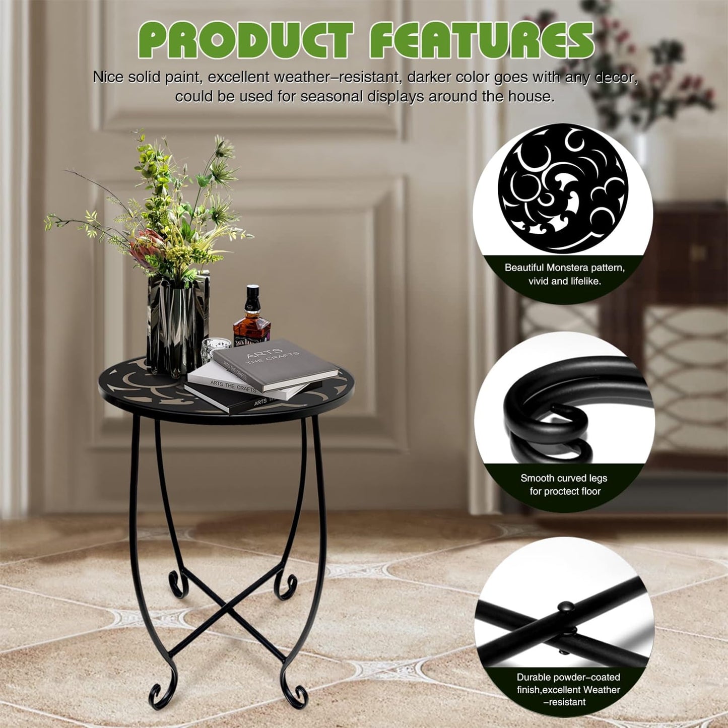 Kaesithar 15 Inch Tall Metal Plant Stand Indoor Outdoor, Round Side Table with Swirl Pattern, Rust Resistant Iron Flower Pot Holder for Patio Garden Porch Living Room