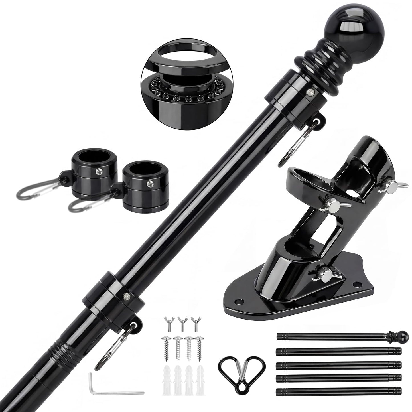 SEEKNEW Black Flag Pole for Outside House, 6 FT Stainless Steel No Tangle Spinning Residential Flagpoles & Two-Position Flag Pole Holder Brackets Mounting for USA Outdoor Flags for Porch(Without Flag)