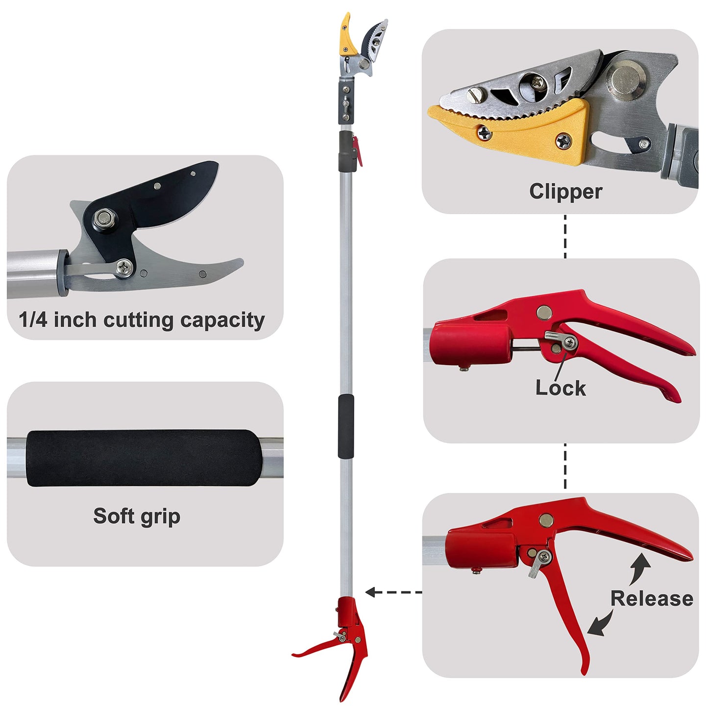 Prunrt Telescopic Tree Trimmer 5.8-10 FT with 2 Section, 4 Node Adjustable, Cut and Hold Pruner, Pole Saw Extendable, Long Handle Fruit Picker, Branch Cutter, Loppers, Clippers With Hook