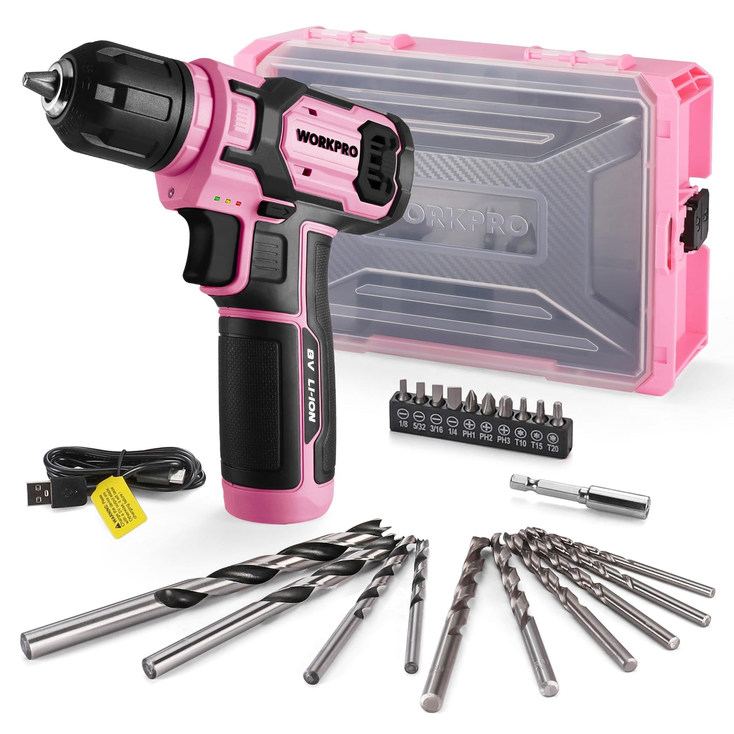 WORKPRO Pink Power Drill Set and Stackable Tool Box, 8V Cordless Drill Driver with Bit Set, 2.0Ah Electric Cordless Screwdriver Kit with 3/8" Keyless Chuck, For Home DIY- Pink Ribbon