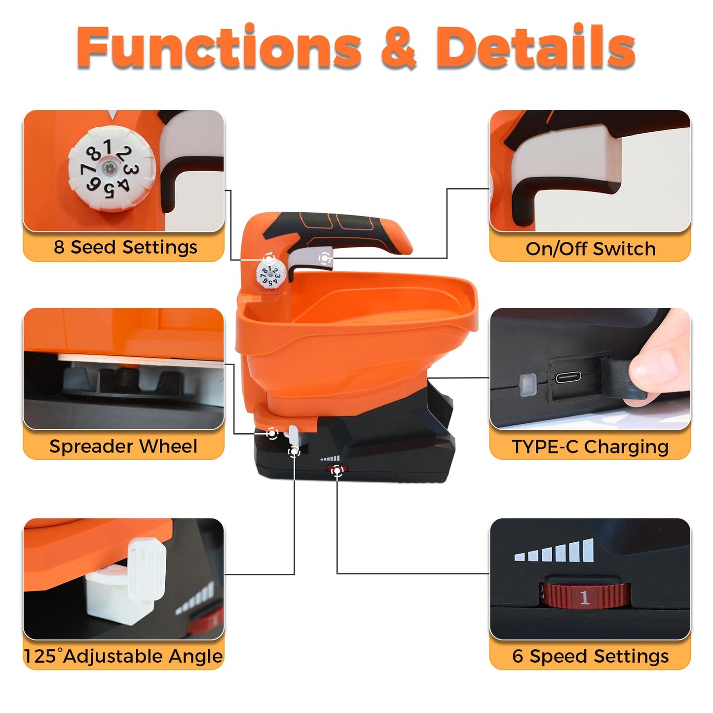 Electric Seed & Fertilizer Spreader, Type-C Rechargeable Handheld Lawn & Salt Spreader, 6 Speeds & 8 Flow Settings, 3.3L Capacity, 16.5 ft Wide Spread for Grass Seed & Ice Melt (Battery Included)