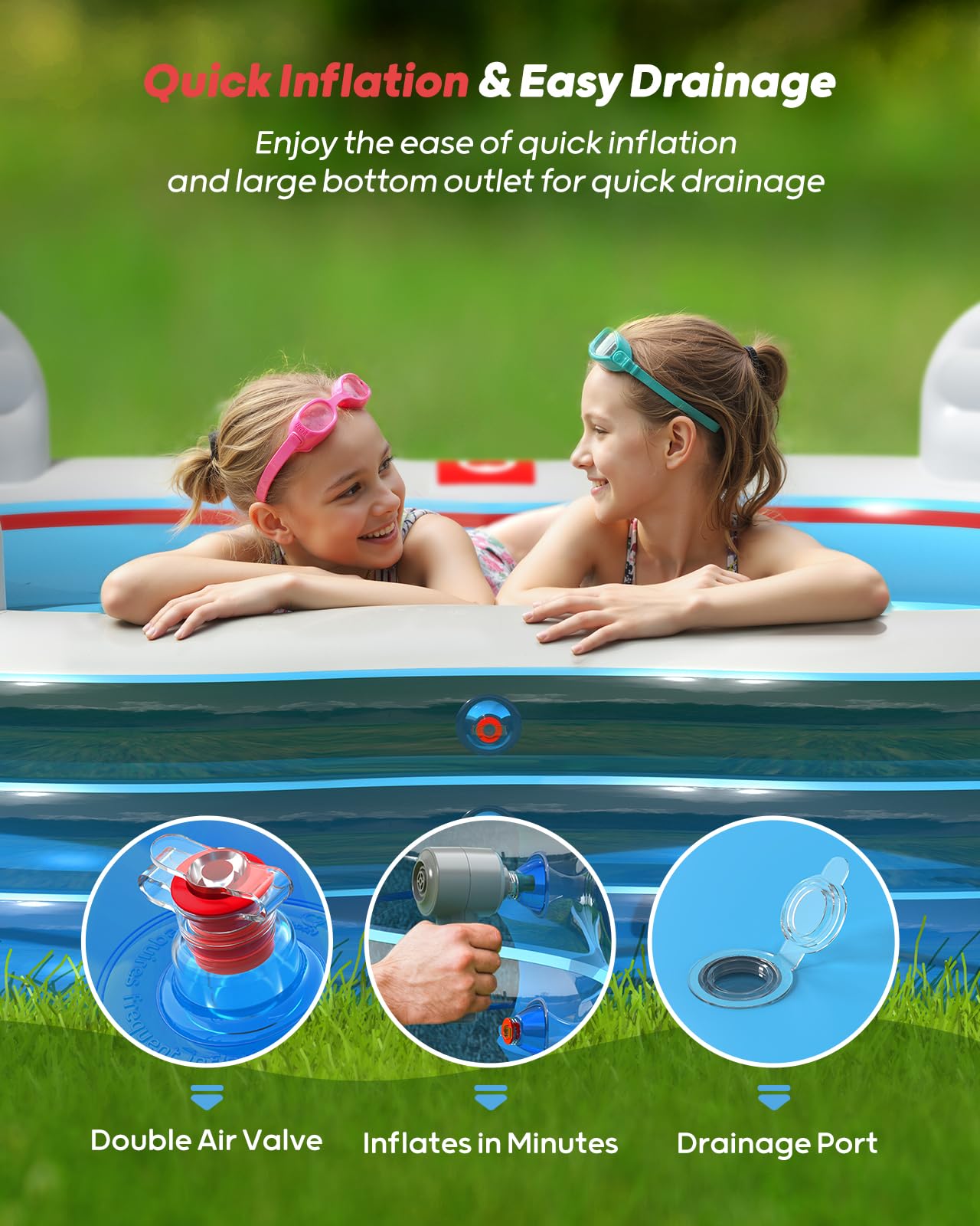 QPAU Inflatable Swimming Pool, Full-Sized Blow Up Pool with Seats and Backrests, Kiddie Pool for Outdoor & Backyard, for Family Summer Time Fun, Clear Blue