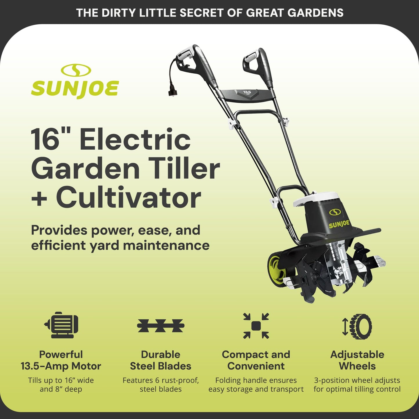 Sun Joe Corded Electric Garden Tiller & Cultivator with Steel Tines, 16 Inch, 13.5-Amp Motor - Heavy-Duty Tilling Machine for Lawn, Yard, and Gardening Care, TJ604E