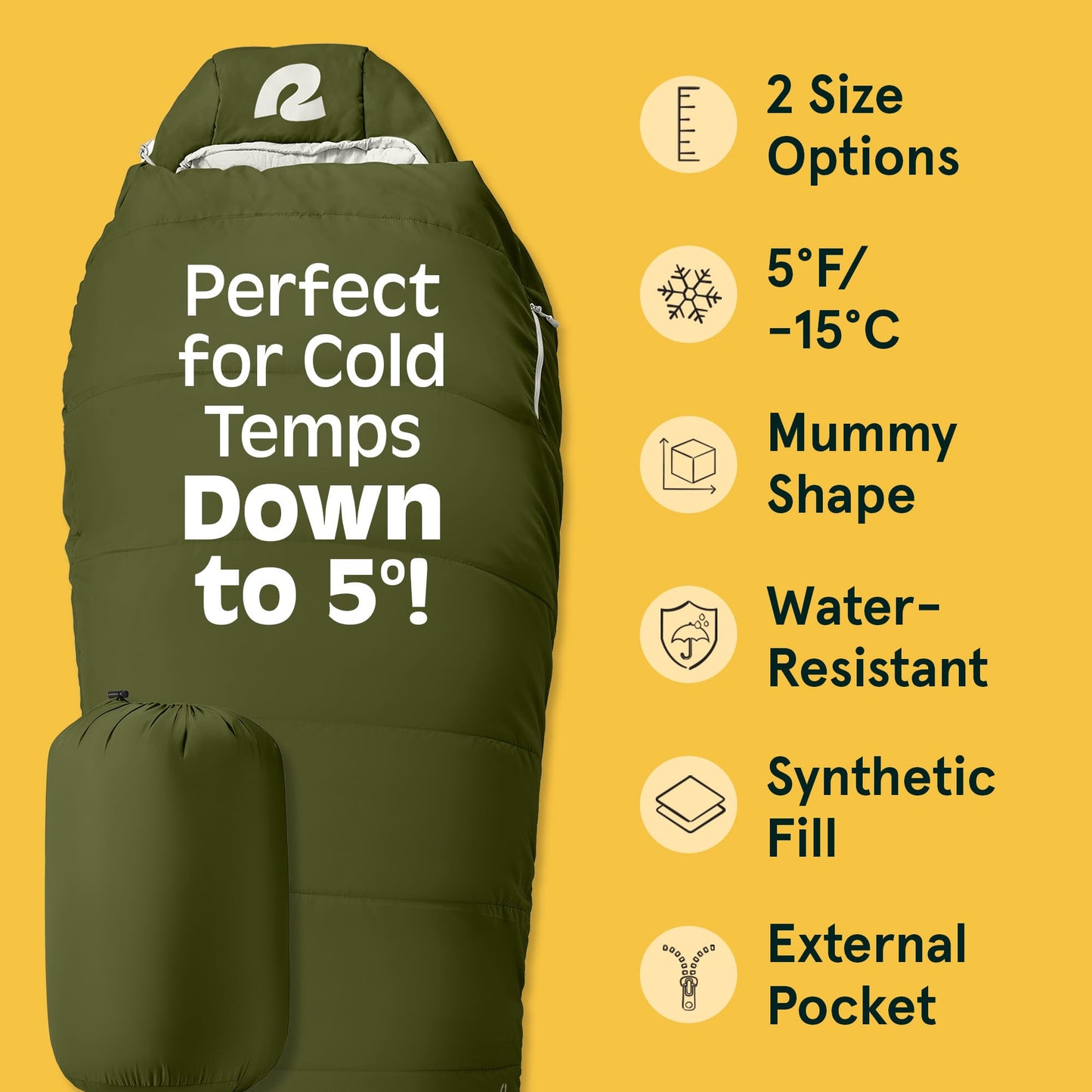 Retrospec Dream 5 Mummy Sleeping Bag for Camping - Insulated Cold Weather, Lightweight, Water-Resistant With Adjustable Draw Cords and Stuff Sack
