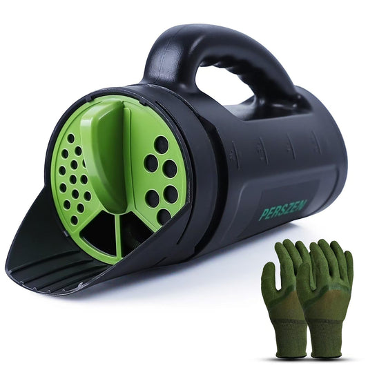 PERSZEN Seed Spreader Hand Held, Hand Spreader Lawn and Garden for Fertilizer Grass Seed Salt Ice Melt Earth Food, Seed Shaker with Multiple Adjustable Opening Sizes for All Purpose, Up to 80 Oz