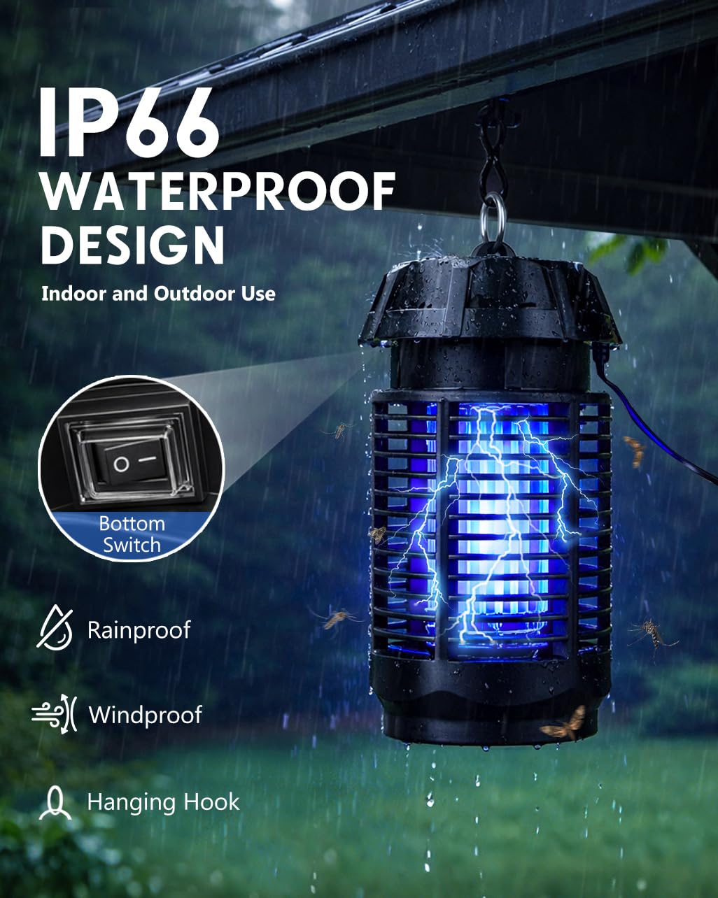 Bug Zapper Outdoor & Indoor 4200V Electric Mosquito Zapper - Waterproof Bug Repellent 365nm UV Light, 20W Fly Zapper for Home Patio Yard Camping, One-Button Easy Operation
