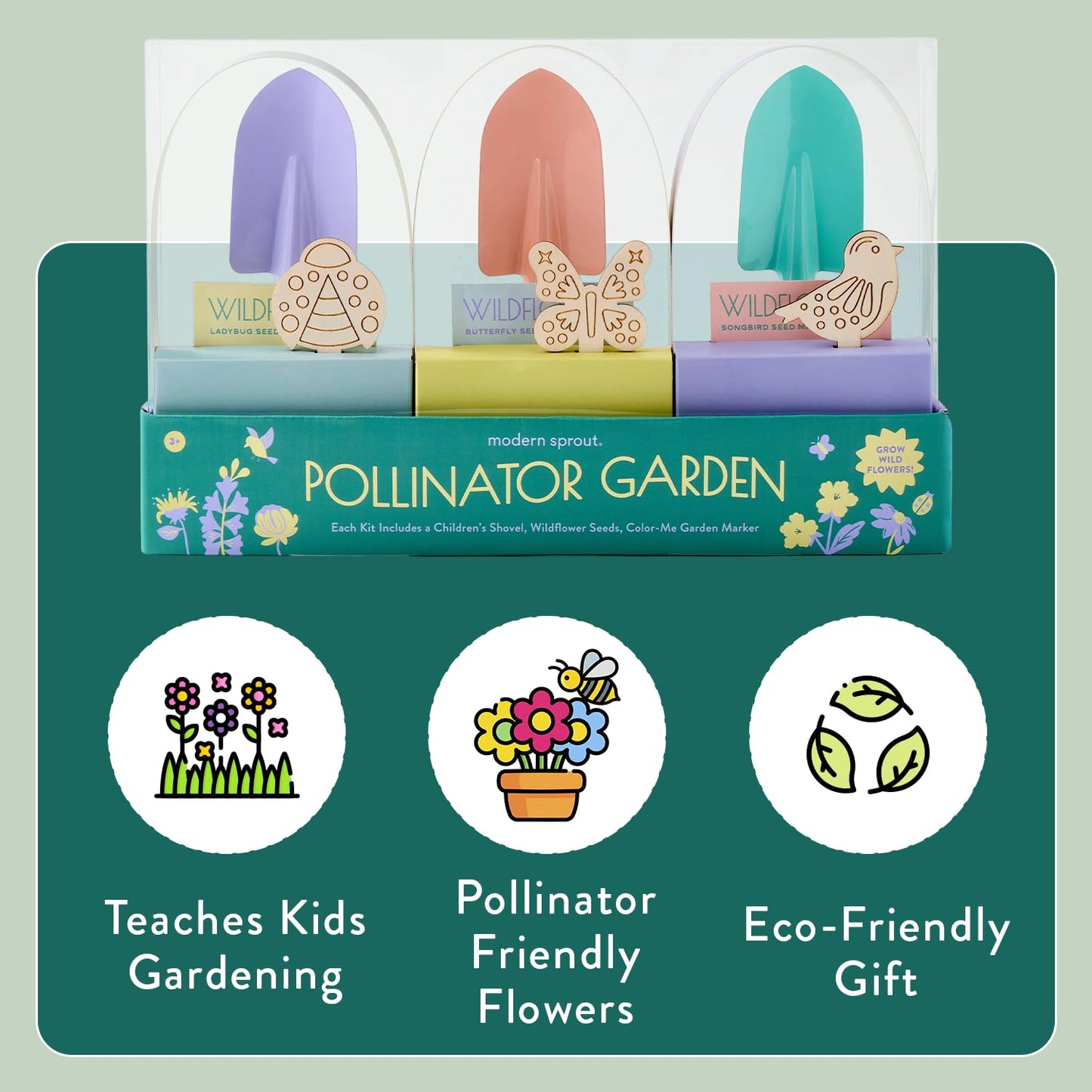 Modern Sprout Pollinator Garden Gift Set - Spring Gifts for Kids - Educational Gardening Tools for Little Gardeners - Eco-Friendly Kids Gardening Set w/Trowel, Wooden Markers & Wildflower Seeds (3-pk)