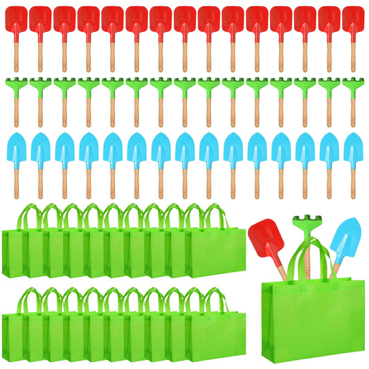 Liliful 40 Pcs Kids Gardening Tools Set Garden Rake Garden Shovel Gardener Trowel Green Tote Bags Metal Mini Gardening Tools with Wooden Handle Beach Sandbox Toy for Planting Loosening Digging