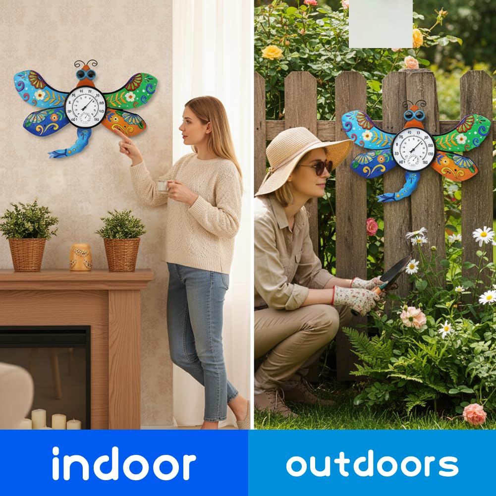 HOBYLUBY Indoor Outdoor Thermometer, Large Wall Thermometer Hygrometer No Need Battery, Easy to Read Decorative Outside Thermometer for Patio, Garden, No Require Batteries(Blue & Green)