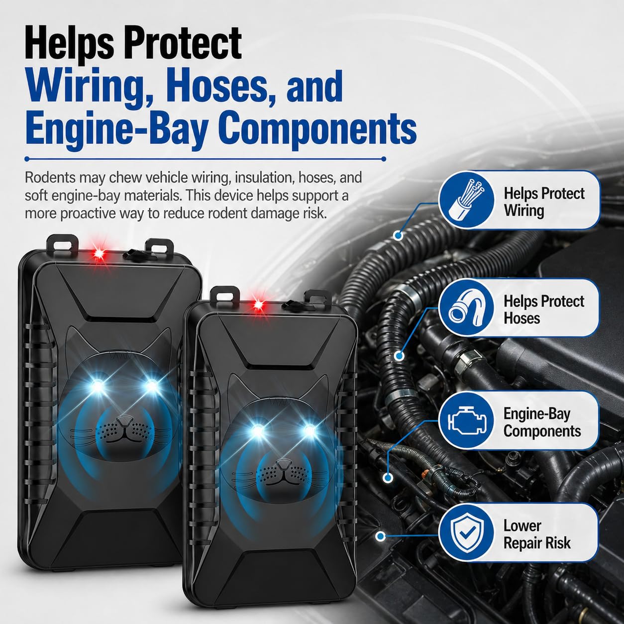 Rodent Repellent for Car Engine, Battery Powered Under Hood Ultrasonic Mouse Repellent with LED Strobe Light & Vibration Sensor, Protects Vehicle Wiring for Cars, Trucks, SUVs, RVs, Garage Use