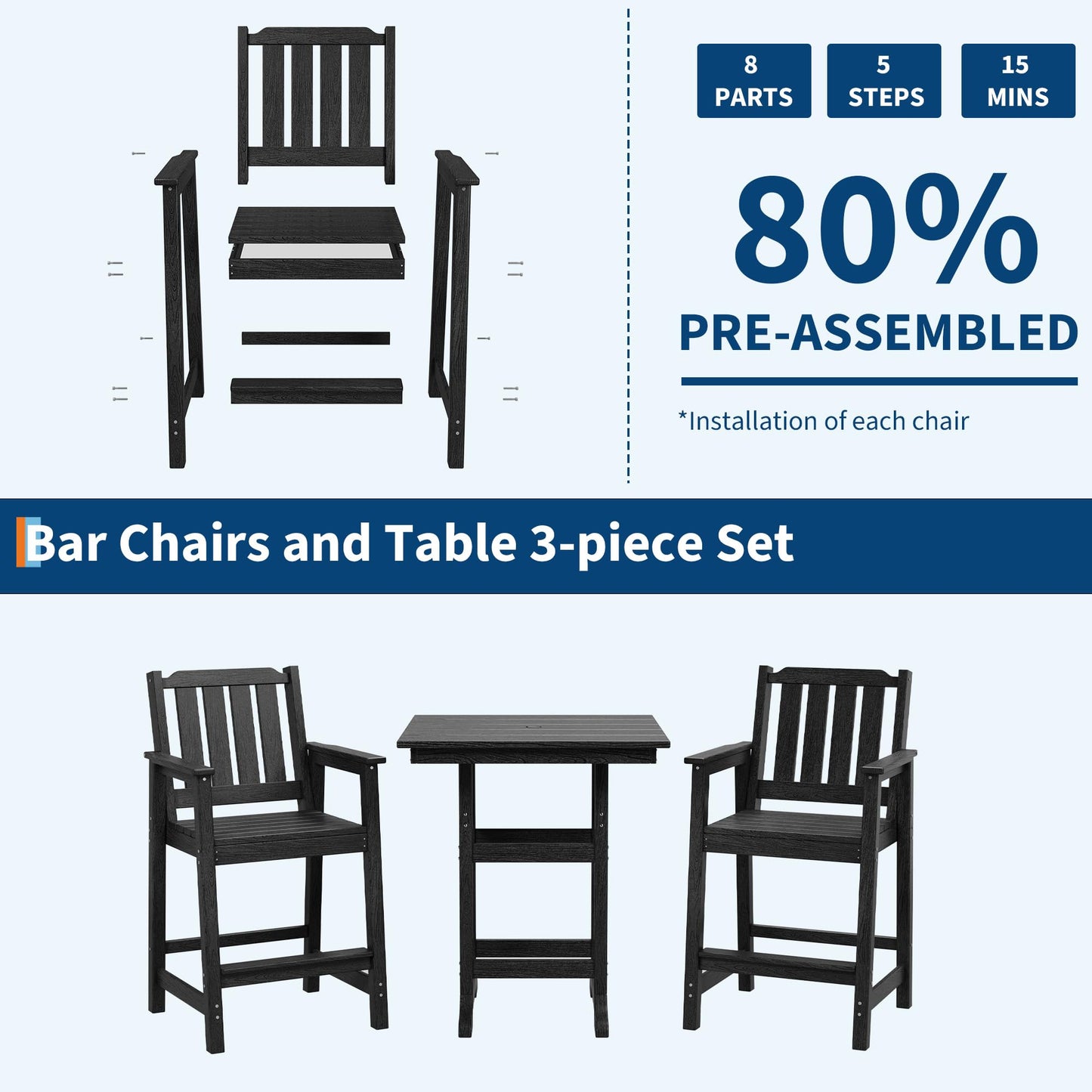 GarveeHome Outdoor Slatted Bar Table and Chairs Set for 3, 3-Piece Bar Height Table and Chairs with Umbrella Hole and Footrest, HDPE All-Weather Patio Bar Set for Balcony, Backyard, Poolside, Black