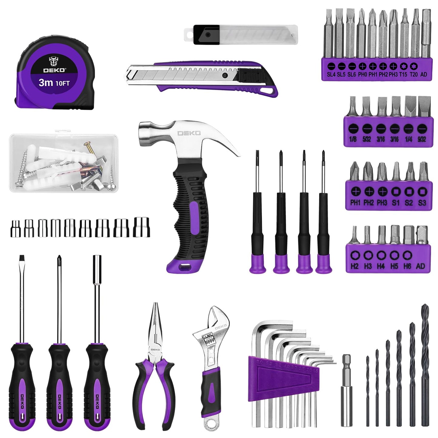 DEKOPRO Tool Set: Tool Kit with 8V Cordless Drill, Hand Toolbox with storage case, Tool set for Home Repairs 126 Piece, Purple