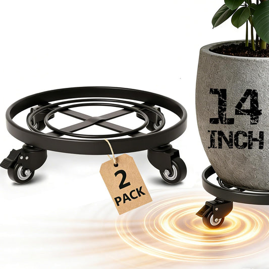 AMAGABELI GARDEN & HOME Plant Caddy with Wheels Heavy Duty 14“ 2 Pack Rolling Plant Stand Plant Dolly Iron Wheeled Lockable Casters Round Pot Mover Rollers Indoor Outdoor Planter Trolley Metal