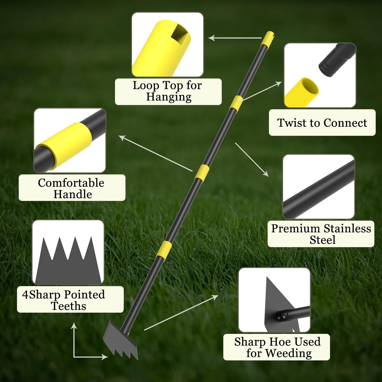 DwelSpire Heavy Duty Garden Hoe, 60" Adjustable Length Long Handle Hoe Garden Tool Weeding Tool for Grass Removal, Lawn Care, Soil Loosening & Cultivating