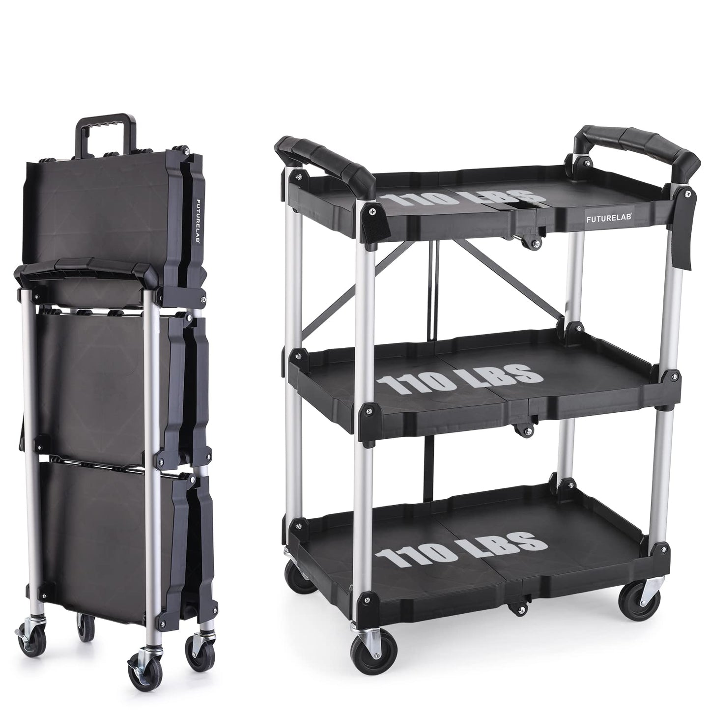 FUTURELAB Portable Folding Service Cart - 3 Tier 330LBS Capacity - Rolling Utility Foldable Cart with Wheels for Warehouse Home Workshops Garages Restaurants Offices