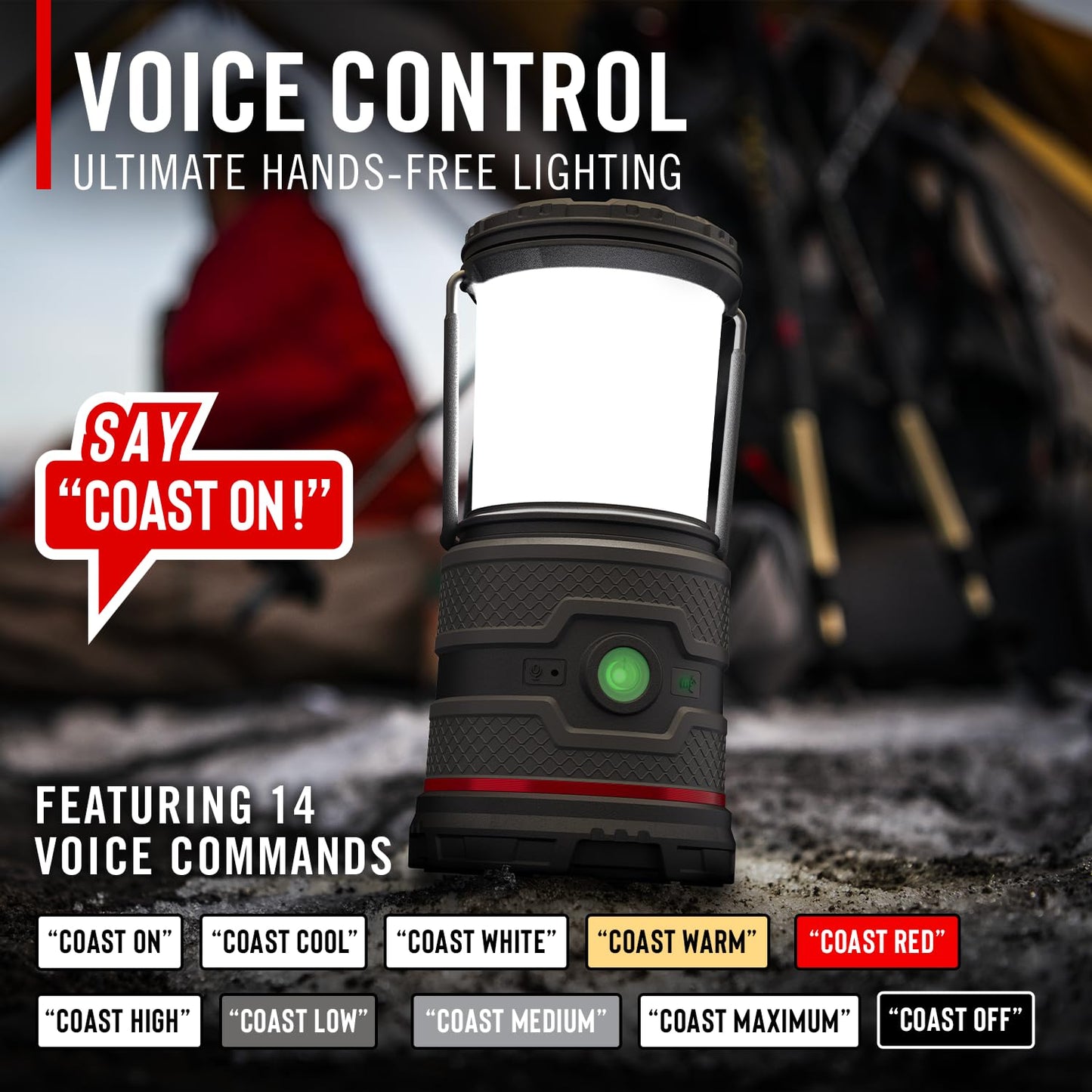 COAST EAL35R 1000 Lumen Voice-Controlled LED Emergency & Camping Area Lantern with Warm, Cool White, Day, Red & Red Flashing Mode, Power Bank Functionality - Desert