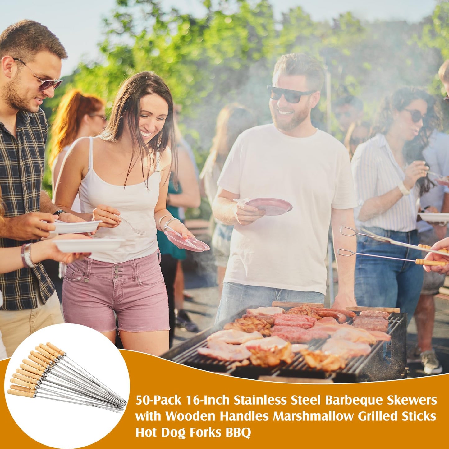 Minatee 16 Inch Kabob Skewer with Wood Handle for BBQ Camping Cookware Campfire Grill Cooking, Stainless Steel, Metal Skewers for Kabobs with Wood Handle (50 Pcs)